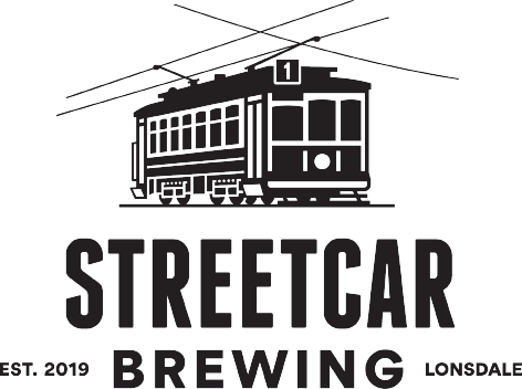 Logo of streetcar brewing with an illustration of a streetcar and the text 'STREETCAR BREWING'.