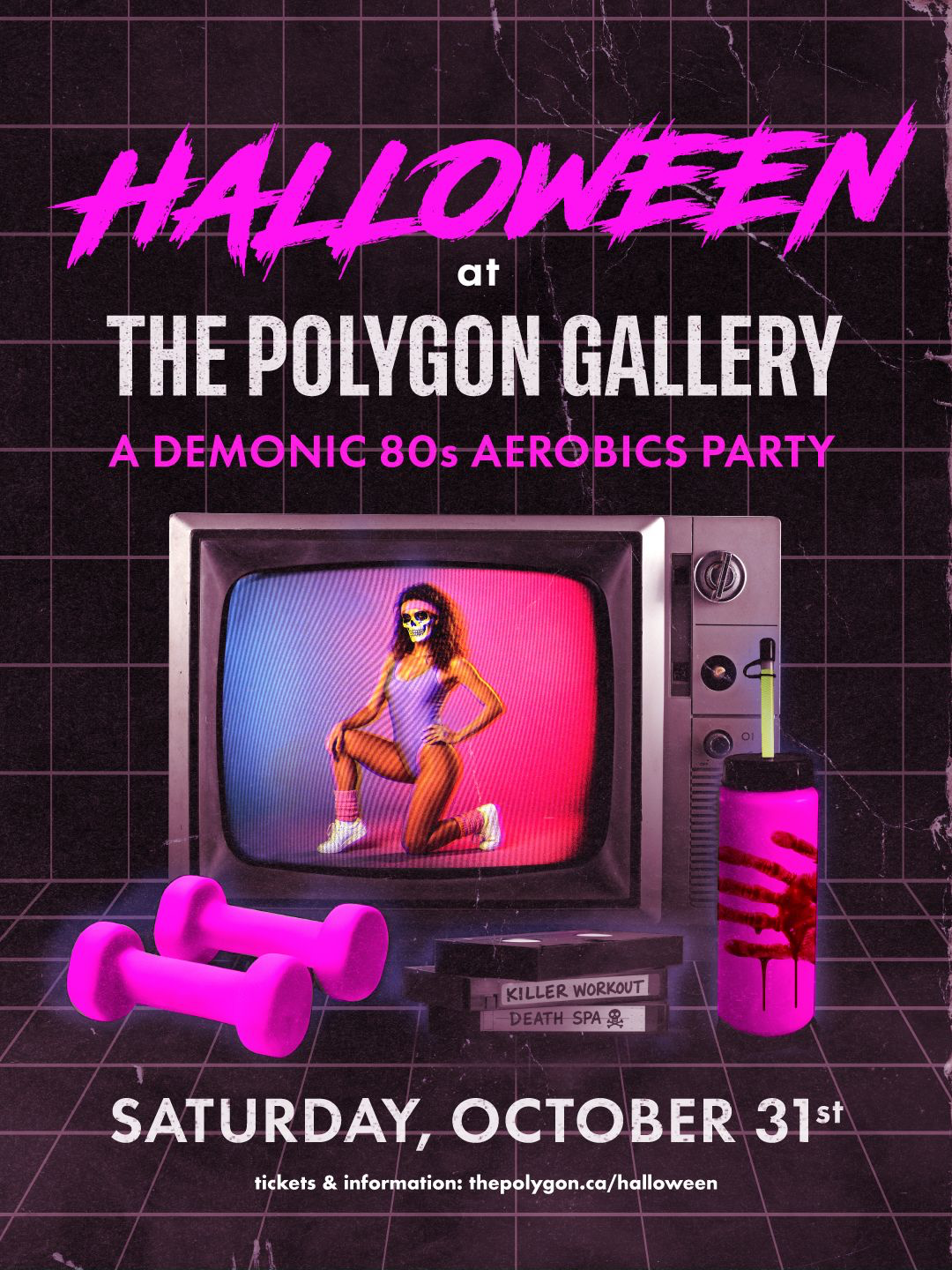 Retro 80s style Halloween event poster with purple and pink colors, featuring a vintage television displaying a woman with a skeleton mask in workout attire, pink dumbbells, a water bottle with a handprint, and film reels, promoting a Halloween aerobics party at the Polygon Gallery on October 31st.