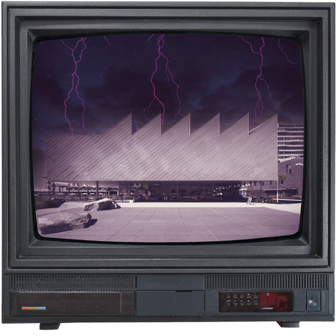 An old CRT television displaying a digital image of The Polygon Gallery with a lightning storm in the background.