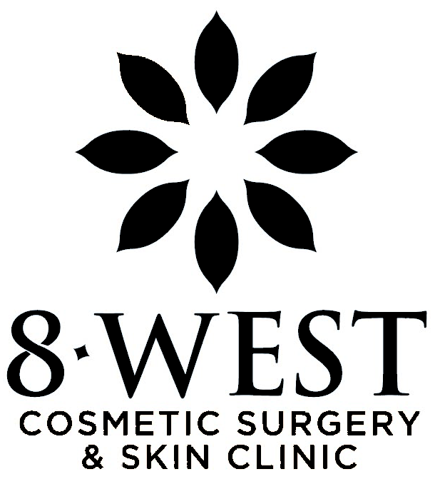Logo for 8 West Cosmetic Surgery & Skin Clinic, featuring a stylized floral design with black petals and text.