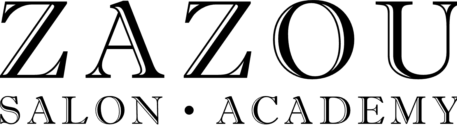 Logo with the words 'ZAZOU SALON ACADEMY' in stylized black text on a white background.