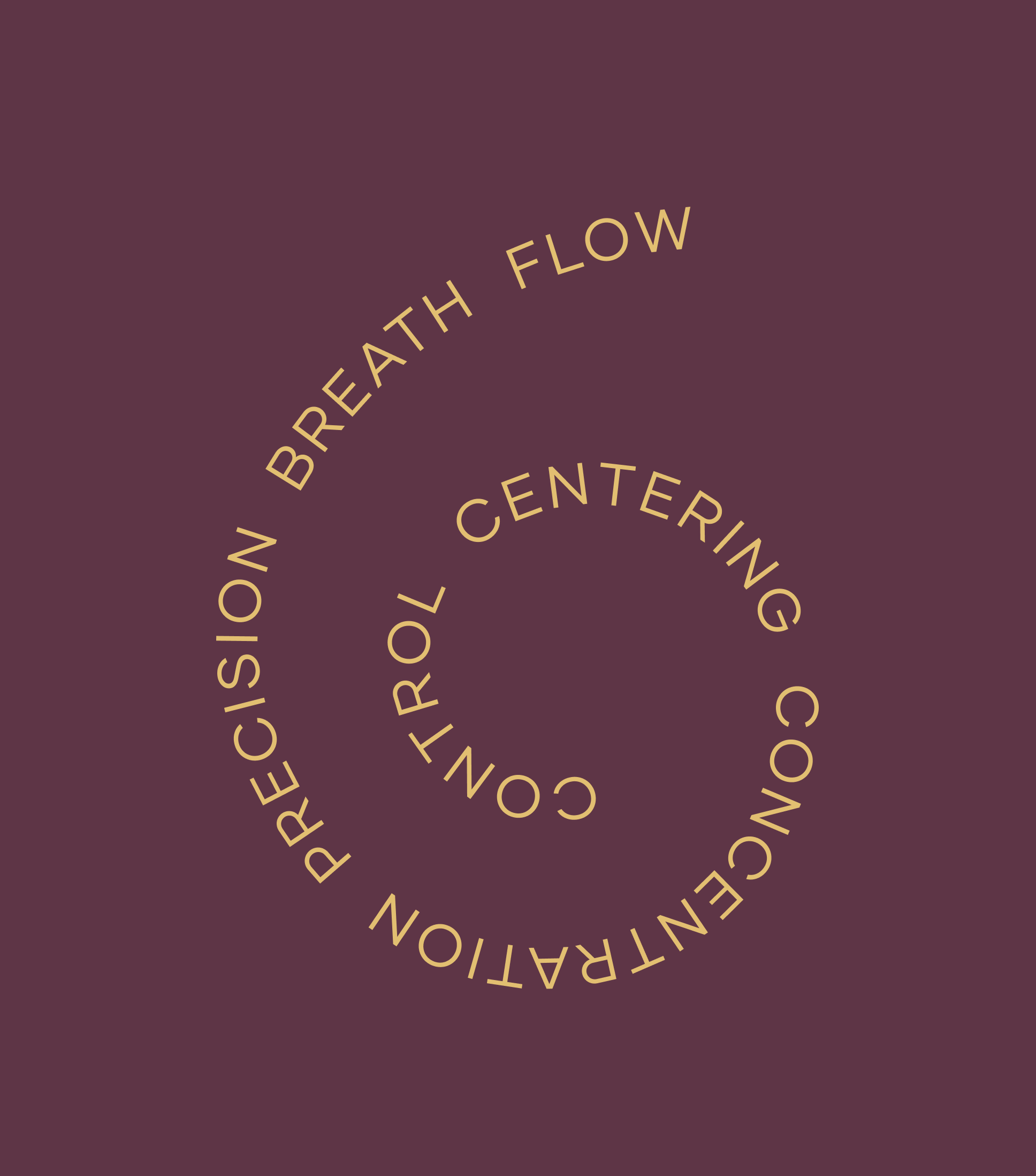 The 6 principles of Pilates - control, centering, concentration, precision, breath, flow, arranged in the shape of a 6 s