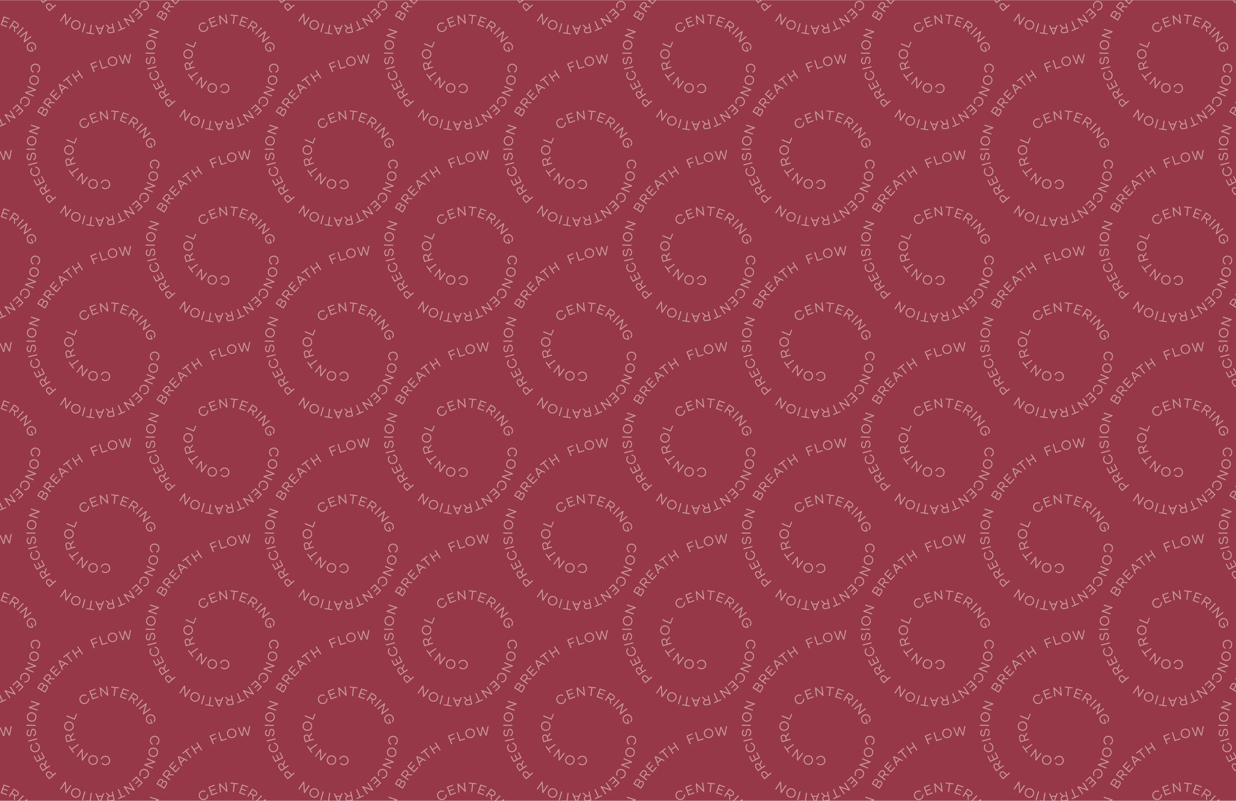 A repeating pattern set on a burgundy background with the 6 principles of Pilates - control, centering, concentration, precision, breath, and flow, arranged in the shape of a 6