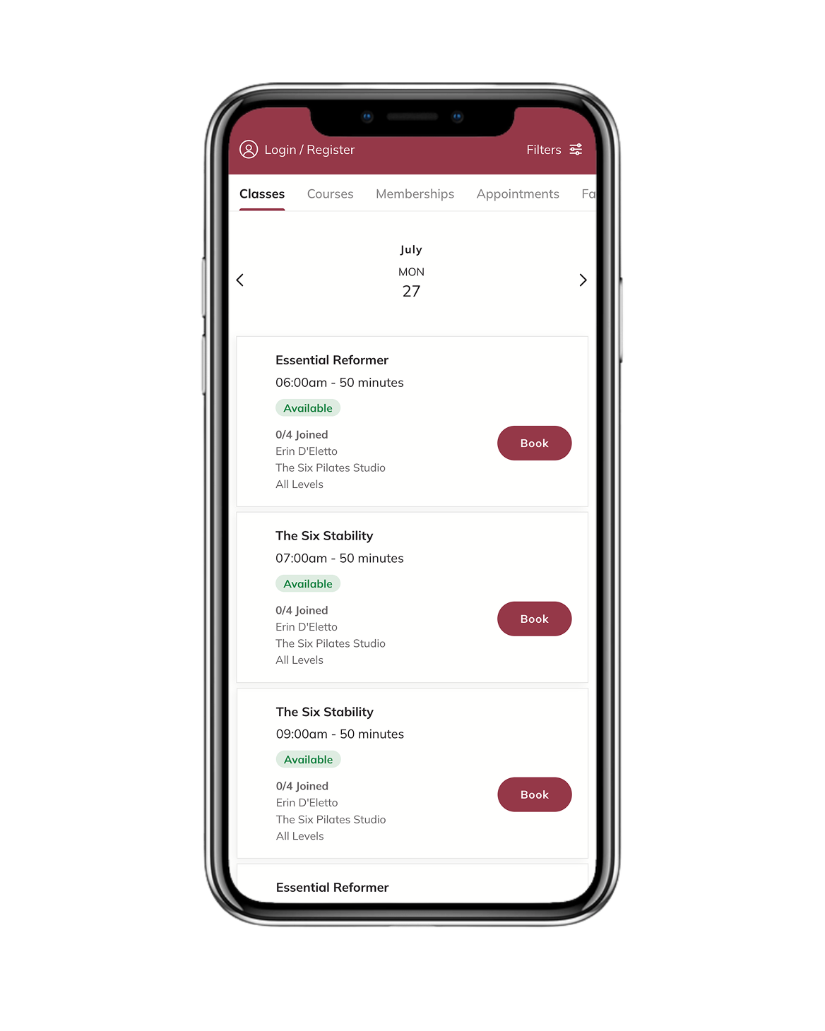 Smartphone screen displaying The Six Pilates booking app.