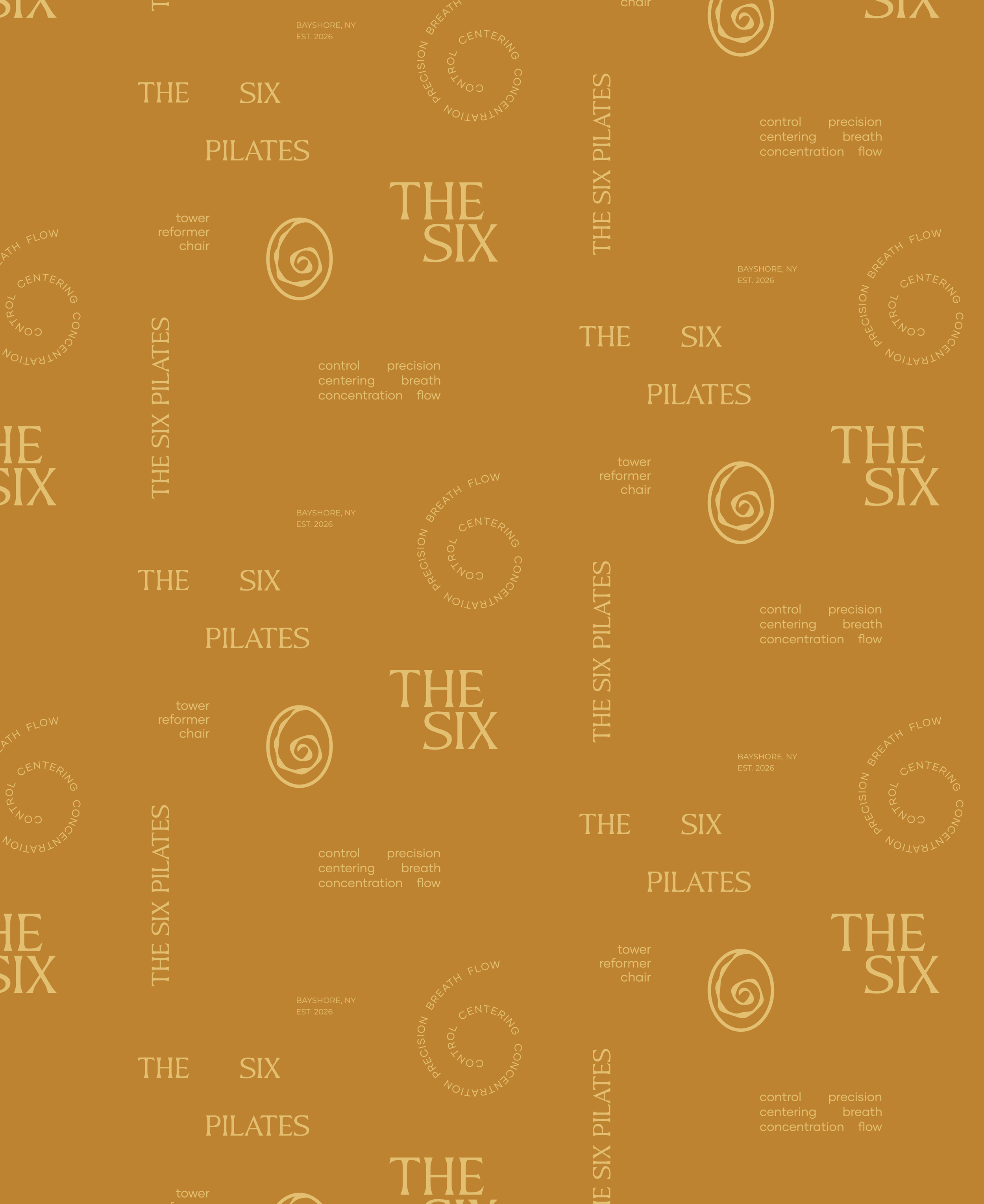 Pattern of The Six Pilates logo variations in yellow.