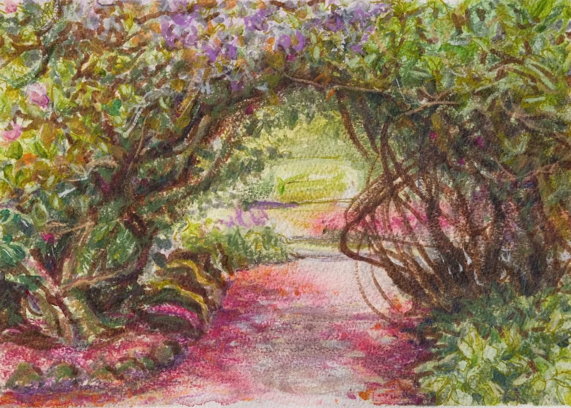 A mixed media painting of Rhododendrons forming an arch over a pathway, with their pink petals fallen to the ground and Purple Wisteria interweaving amongst the top branches. It has Pink and green hues with dappled shadows
