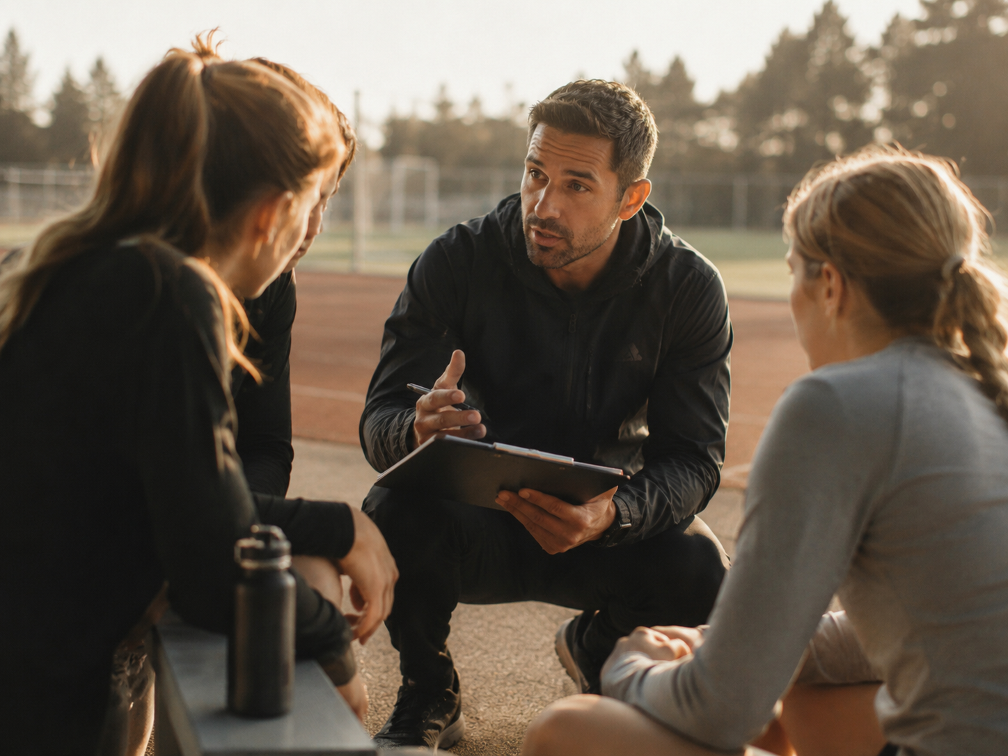 A male coach or trainer is giving instructions to three female athletes sitting on the ground in a sports field, likely after a workout or training session.