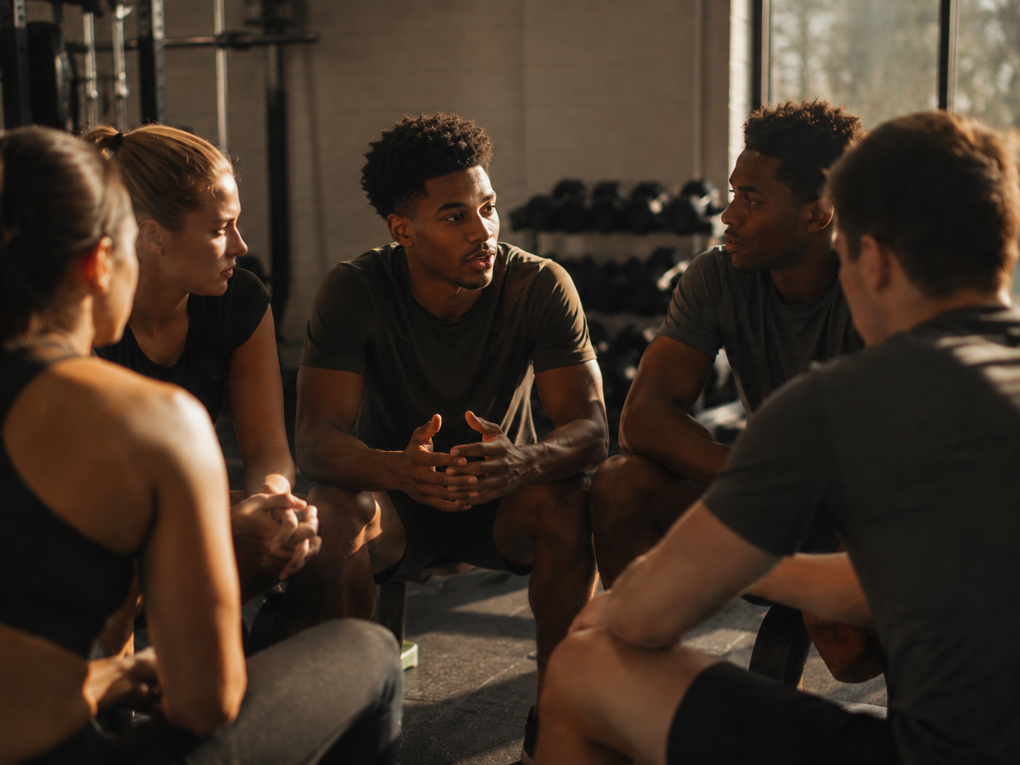 A diverse group of five people sitting in a circle in a gym, engaged in a serious discussion during a workout session.