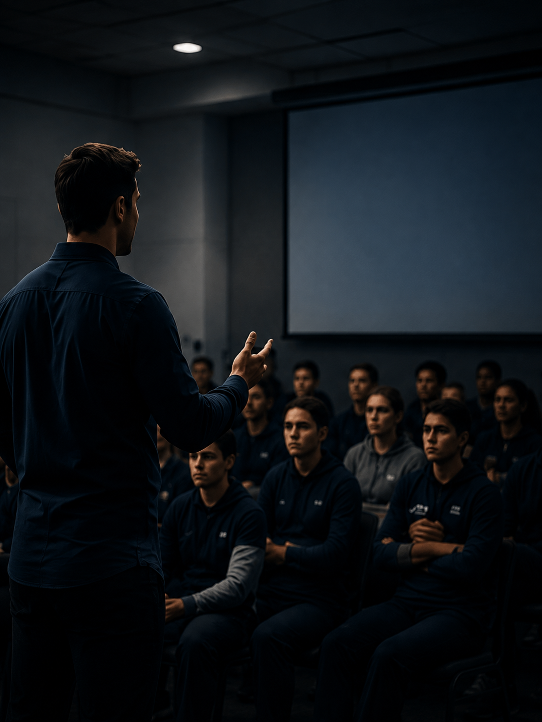 Man giving a presentation to a seated audience in a conference room.