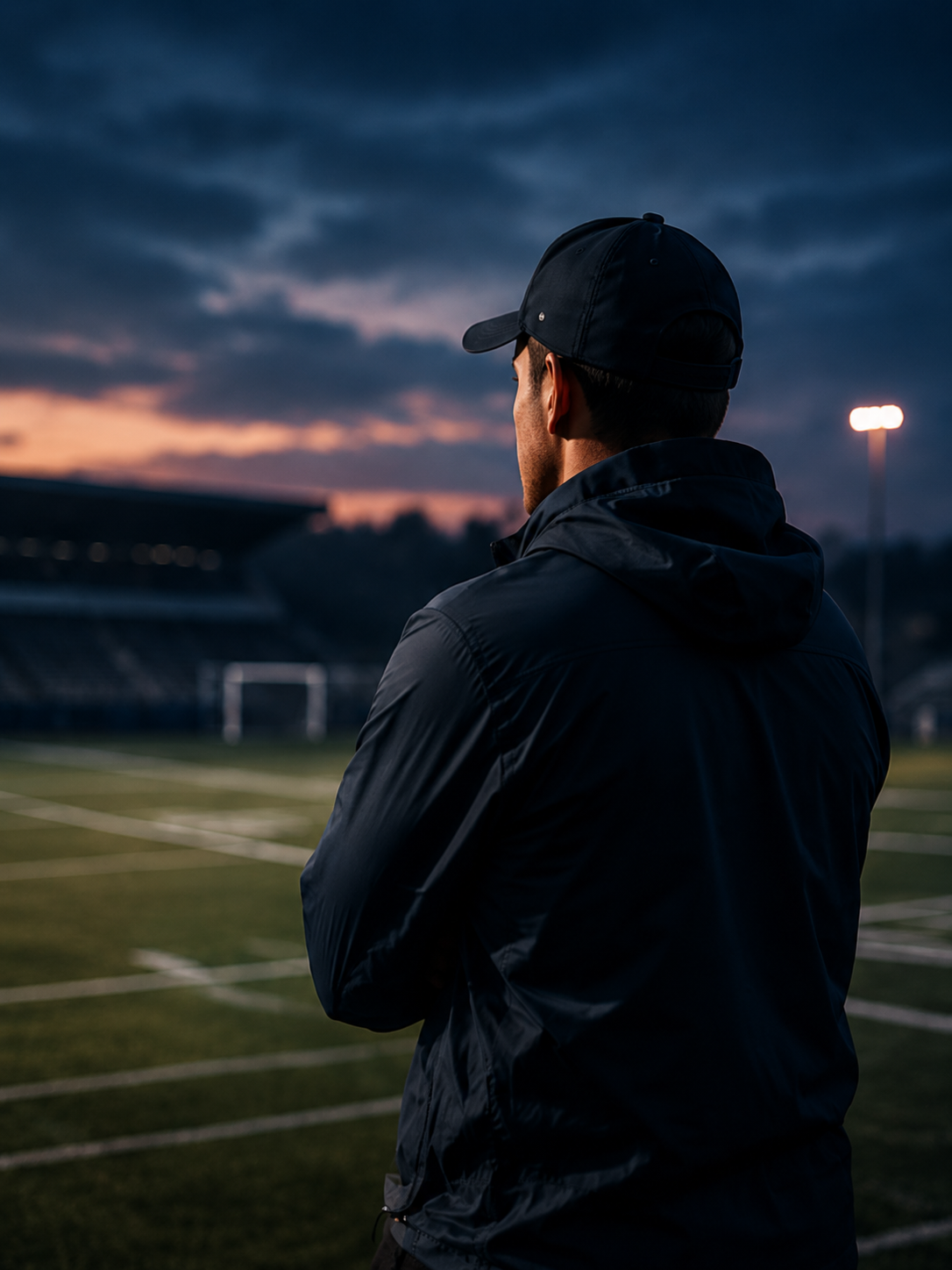 A man wearing a black cap and jacket, standing alone on a football field at dusk, looking at the horizon.