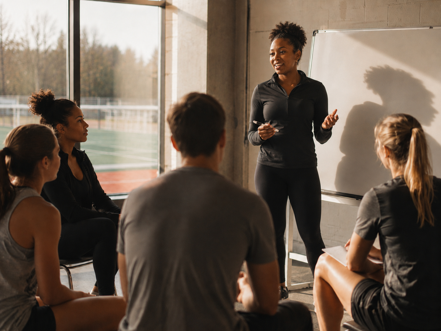 A woman coach giving a training or class to a small group of female athletes in a gym or sports facility.