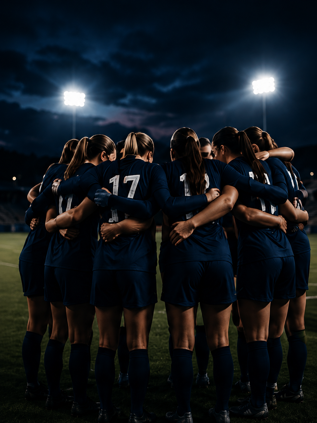 A group of female soccer players in dark blue uniforms huddle together on an outdoor field during nighttime, under stadium floodlights, with dark clouds in the sky.