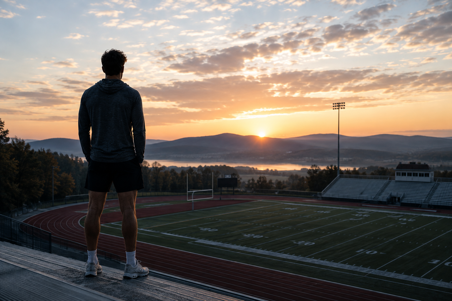 A person stands on the bleachers of a football stadium, watching the sunrise over the field and distant mountains.
