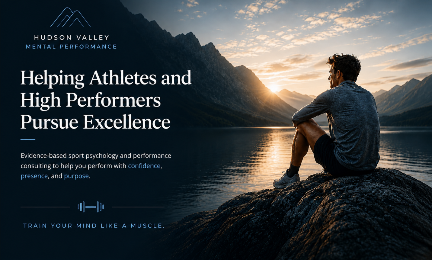 A man sitting on a rock by a lake at sunrise or sunset, surrounded by mountains, with text overlay about mental performance coaching for athletes.