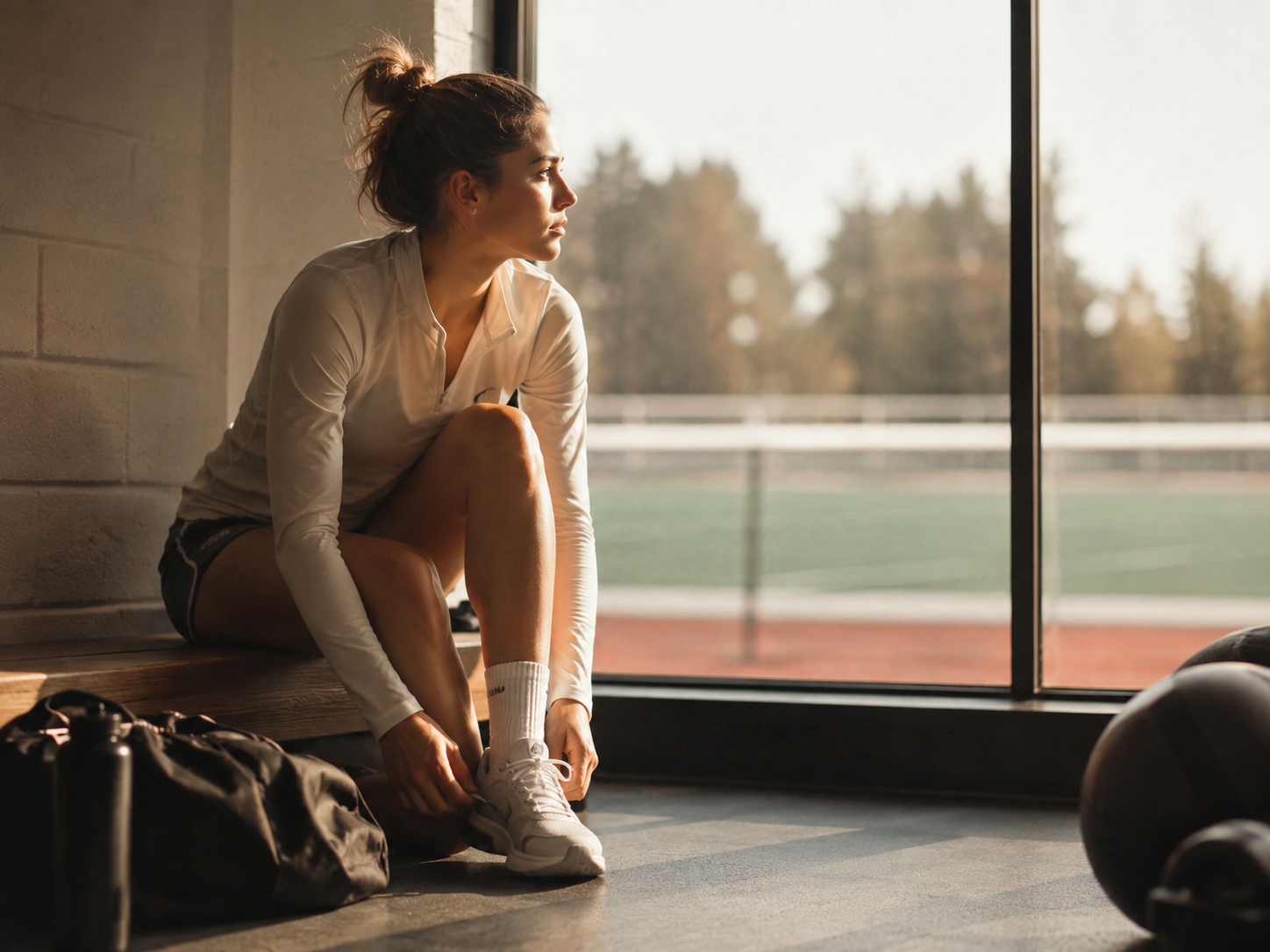 A woman in athletic clothing is sitting on the floor next to a large window, tying her shoes with a sports bag, water bottle, and kettlebells nearby, looking outside.