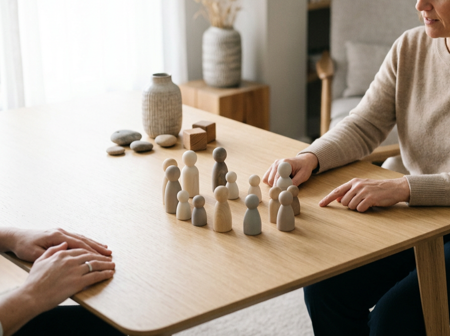 Dos personas constelando con figuras de madera en una mesa de madera en una habitación con luz natural.