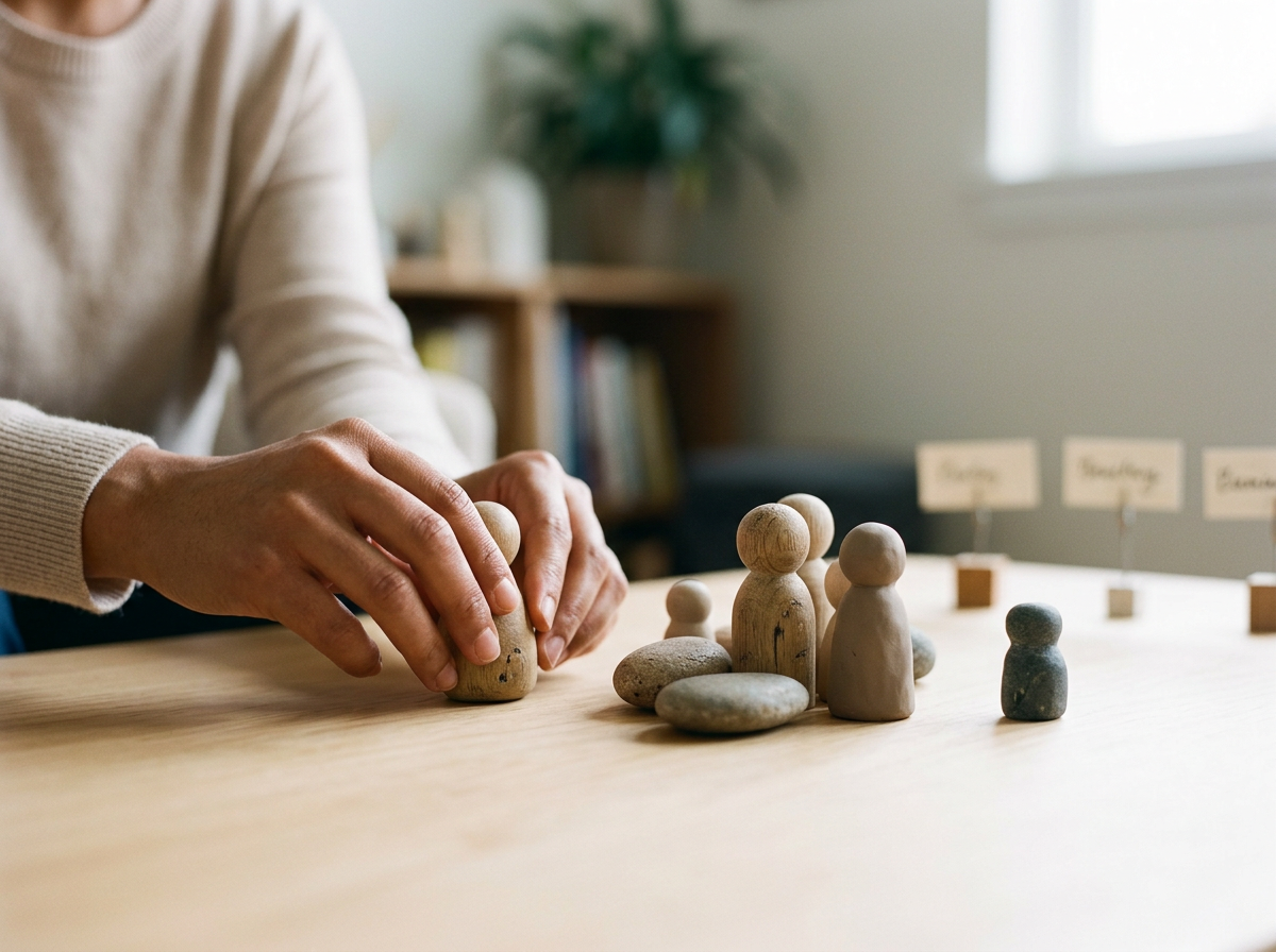 Persona utilizando figuras para la representación del sistema familiar en terapia