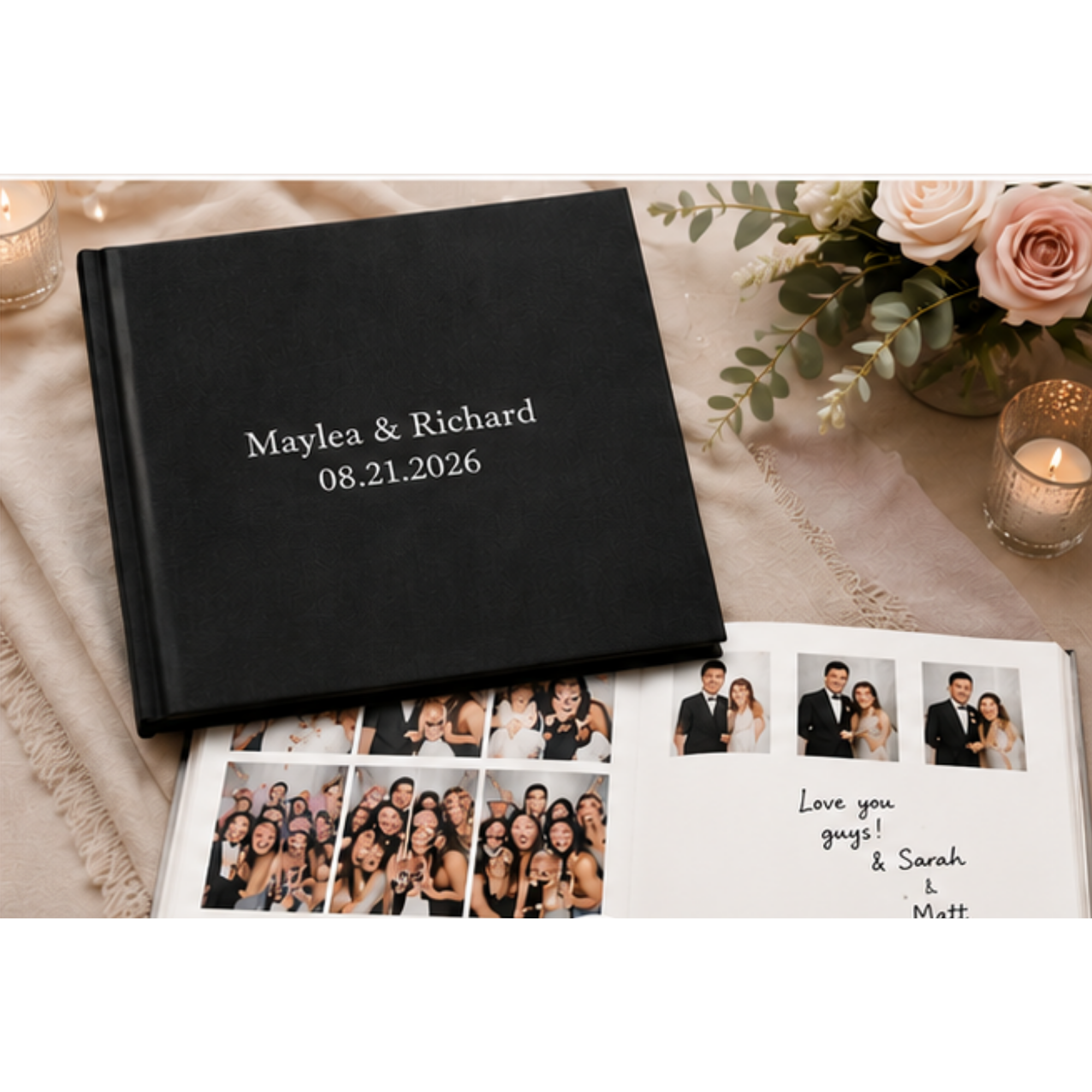Photographs of wedding guests in a photo booth strip, a black guestbook with the names Maylea and Richard, a bouquet of pink and white roses, and a handwritten note saying 'Love you guys!' with names Sarah and Matt.