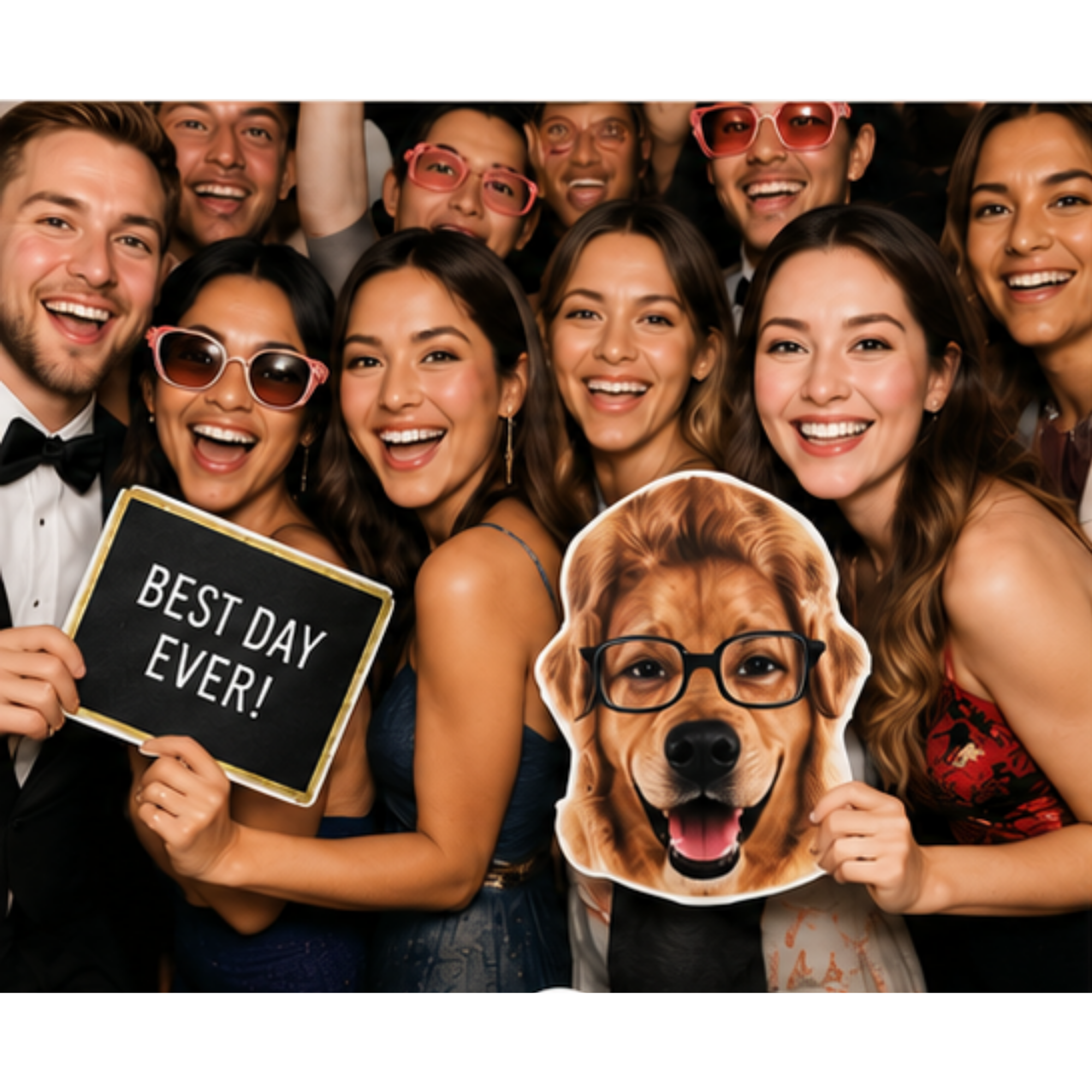 Group of people celebrating, holding a sign that says 'Best Day Ever' and smiling for the camera.