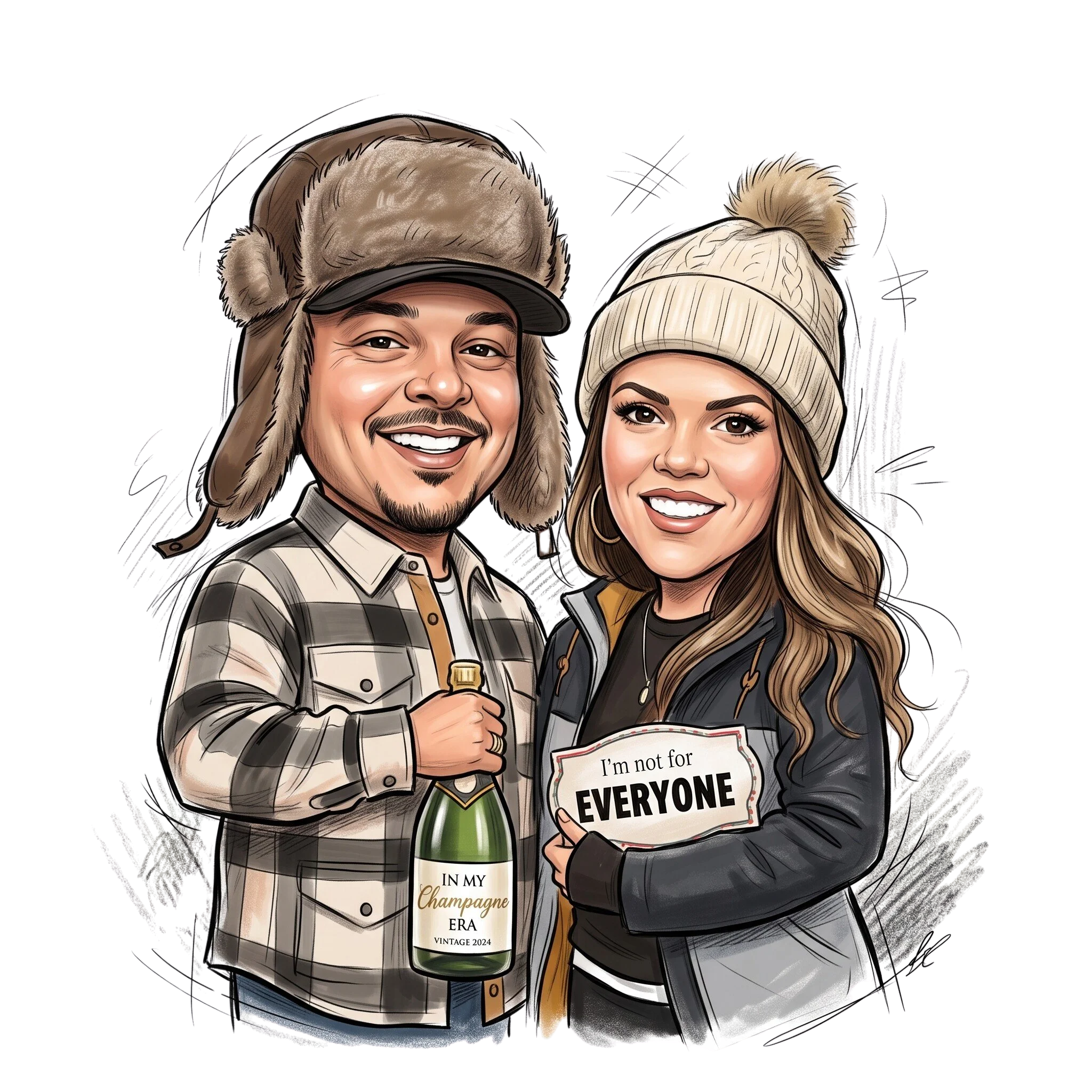 Illustration of a smiling man and woman wearing winter hats, holding a champagne bottle with a label that reads, 'In my Champagne era, vintage 2024.' Both are smiling and appear happy.