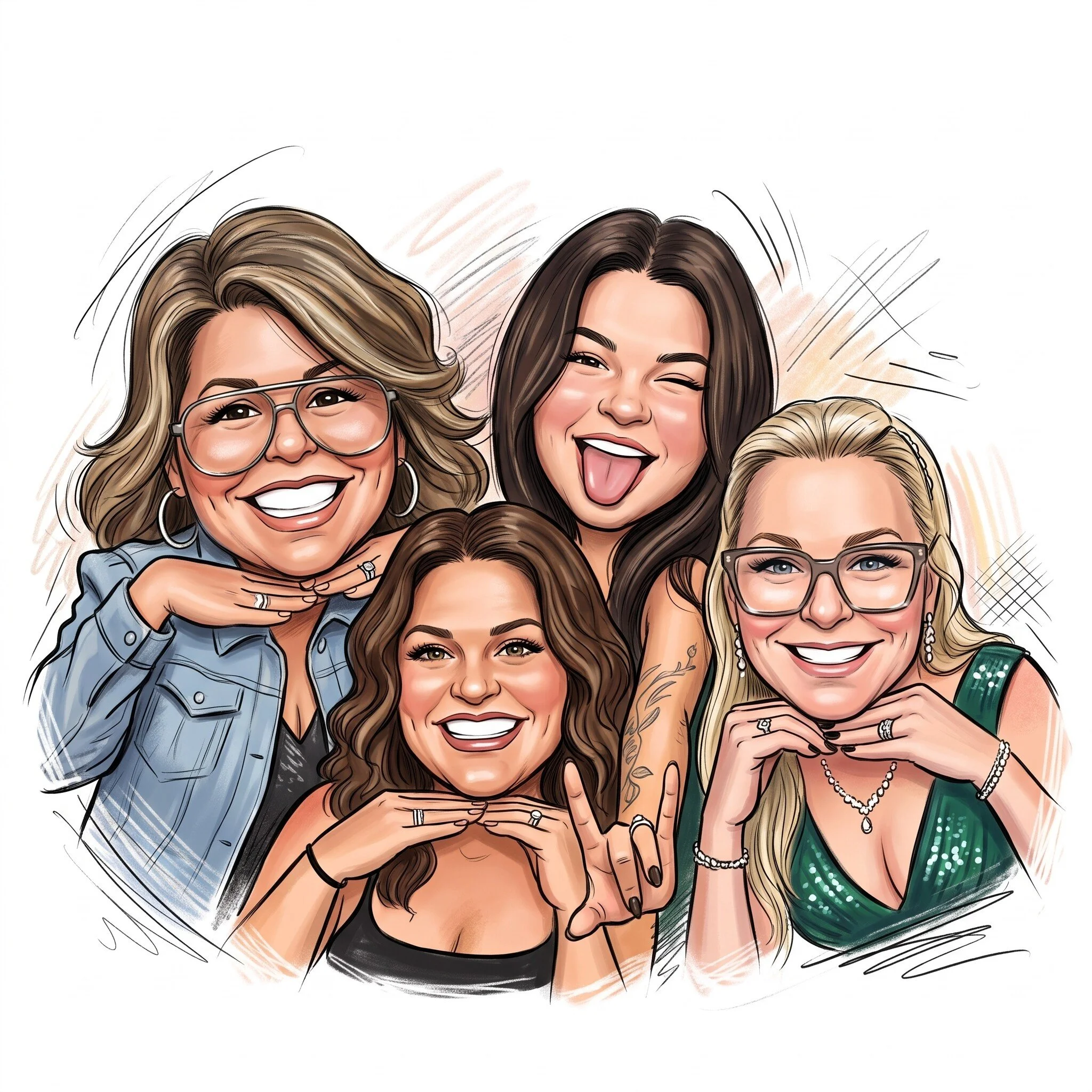 Digital illustration of five women smiling, with three showing playful expressions, some wearing glasses, jewelry, and casual clothing, in a lively group photo.