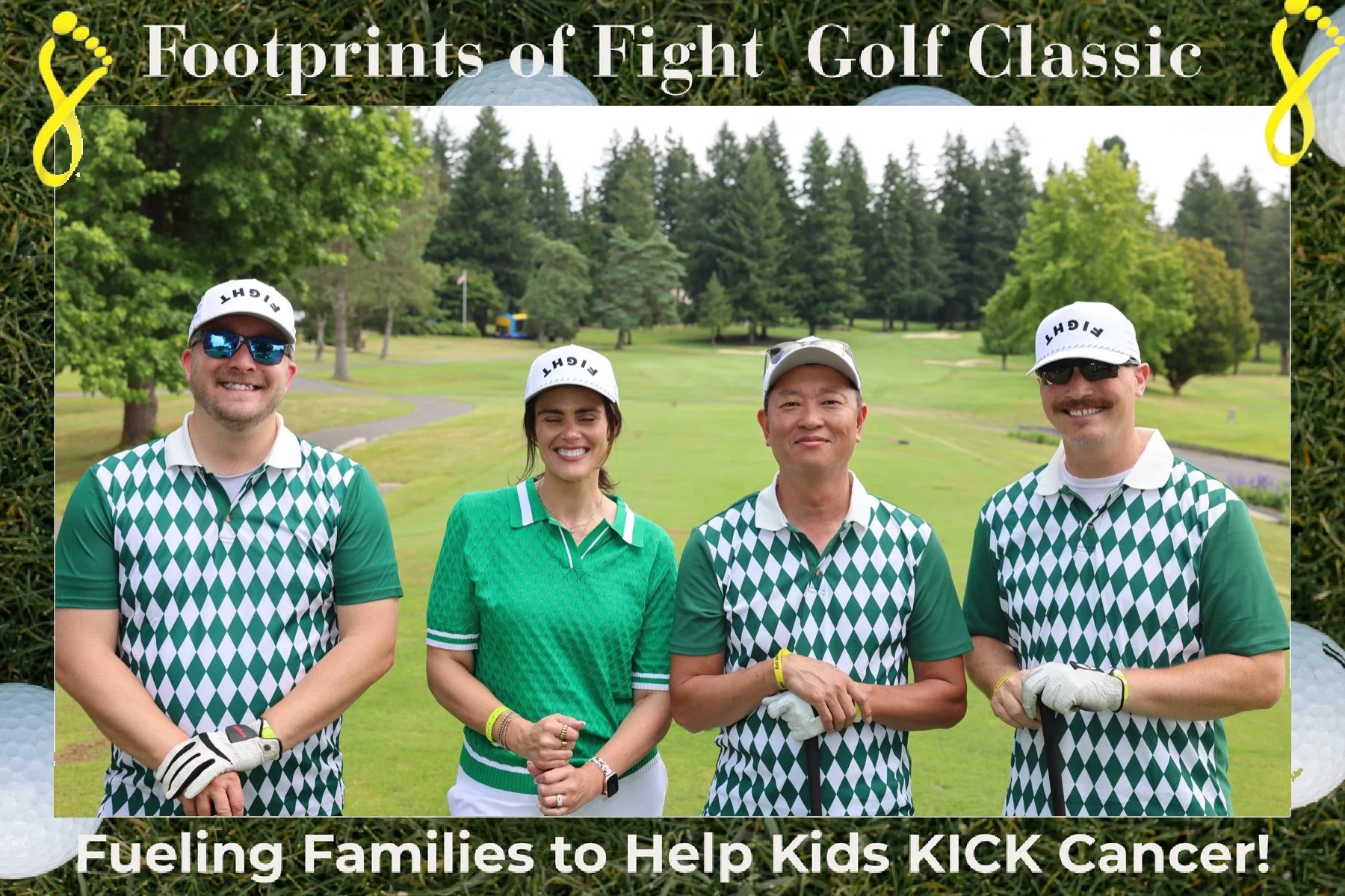 Four people standing on a golf course, wearing matching green and white diamond-patterned golf shirts, with trees in the background. They are participating in a golf charity event called Footprints of Fight Golf Classic to support kids with cancer.