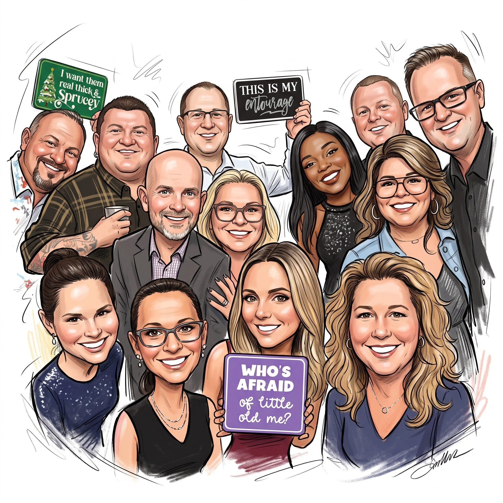 Drawing of a diverse group of smiling people holding signs with humorous messages at a holiday gathering. One woman holds a purple sign that reads 'Who's afraid of little old me?'