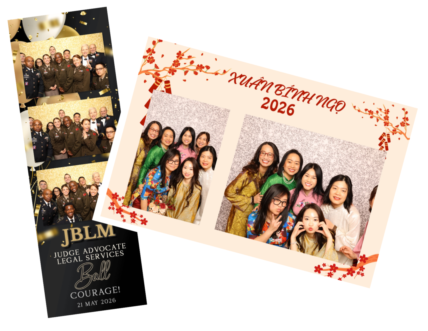 Two photos from a celebration event. The first is a group photo of women and men in military uniforms, with a gold and black background. The second is a group photo of women wearing colorful traditional clothing, posing in front of a festive backdrop, with the words 'Xuân Bính Ngọ 2026' and decorative red and gold floral elements.