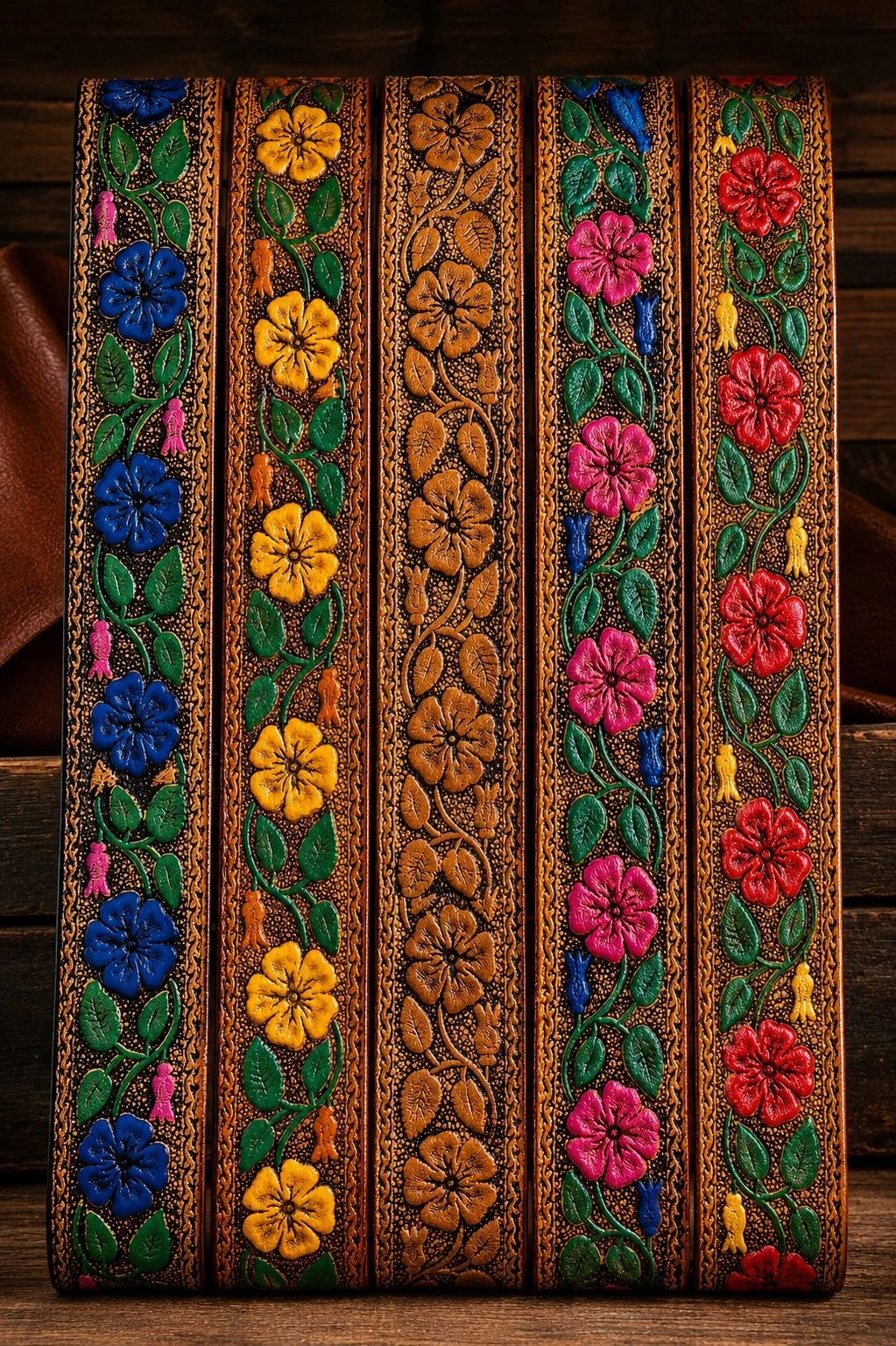 Hand-Painted Embossed Floral Leather Belt