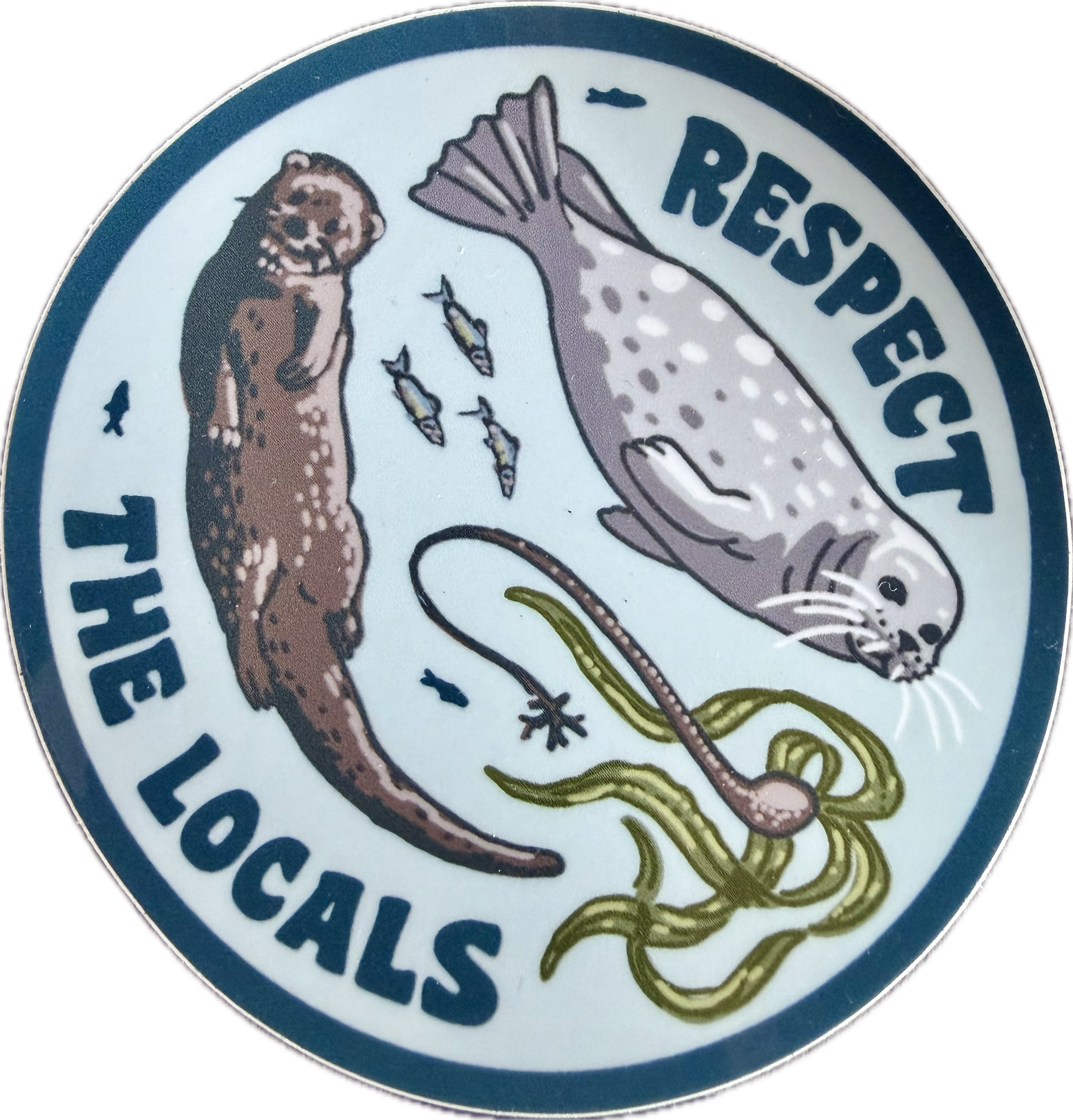 Close-up of a circular emblem featuring a fish, a lion, and the text 'RESPECT' and 'WARNING'.