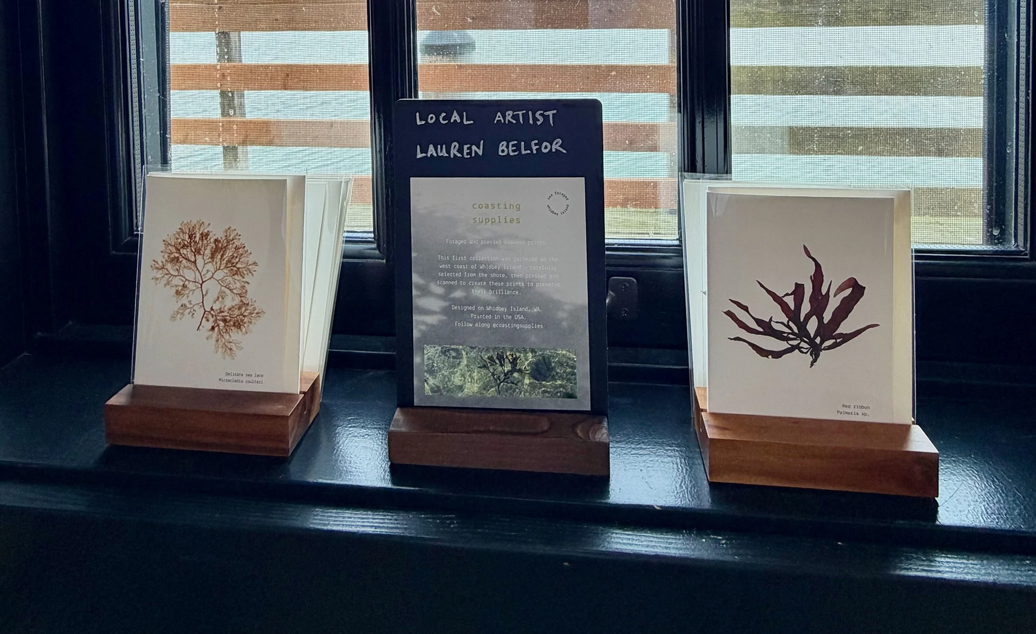 Two framed botanical art prints displayed on wooden stands by a window, with a sign indicating the artist Lauren Belfor, and a description of coasting supplies.