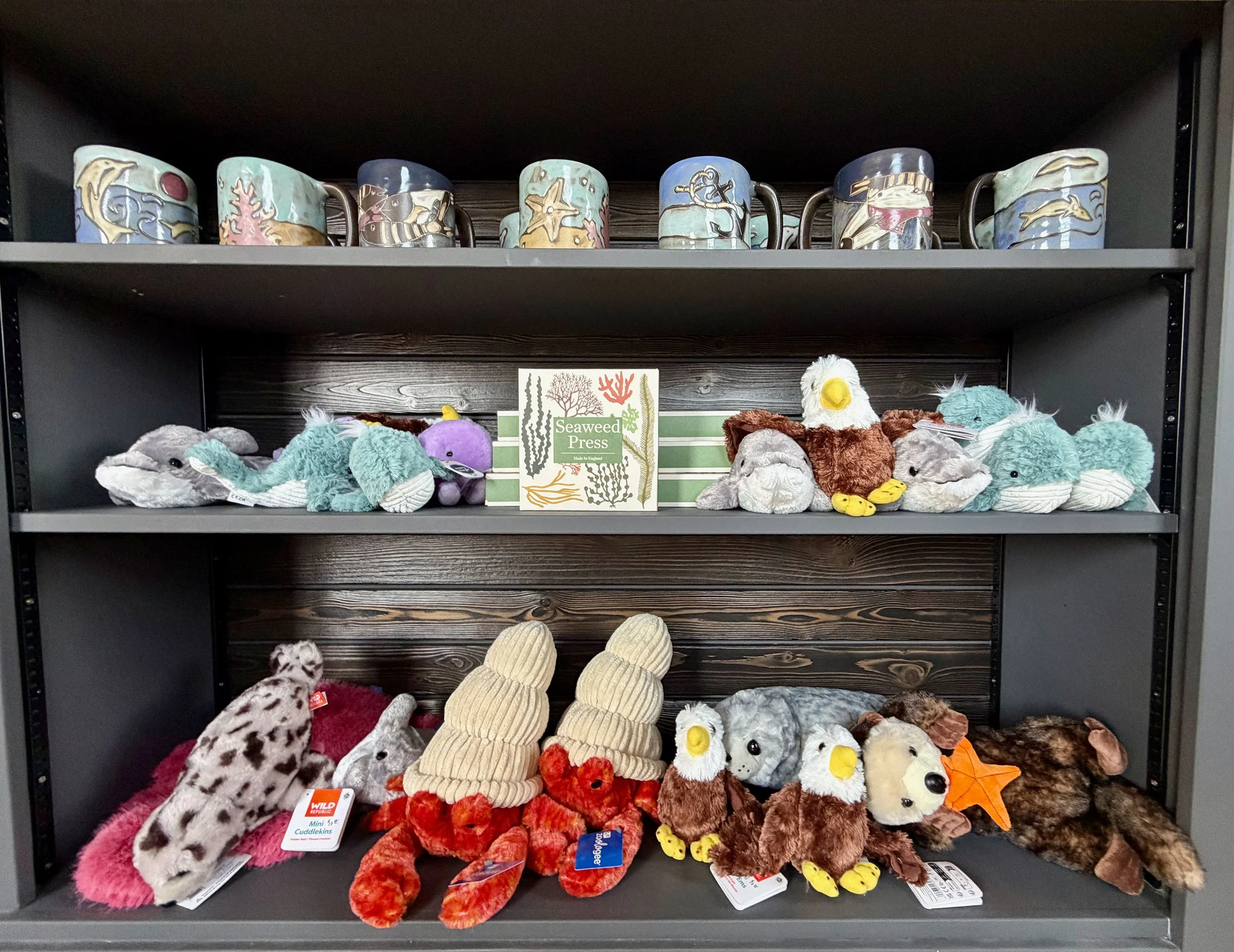 Shelves filled with plush toys of animals and sea creatures, including ducks, otters, and starfish, with some plush toys arranged in groups and tags visible on them.