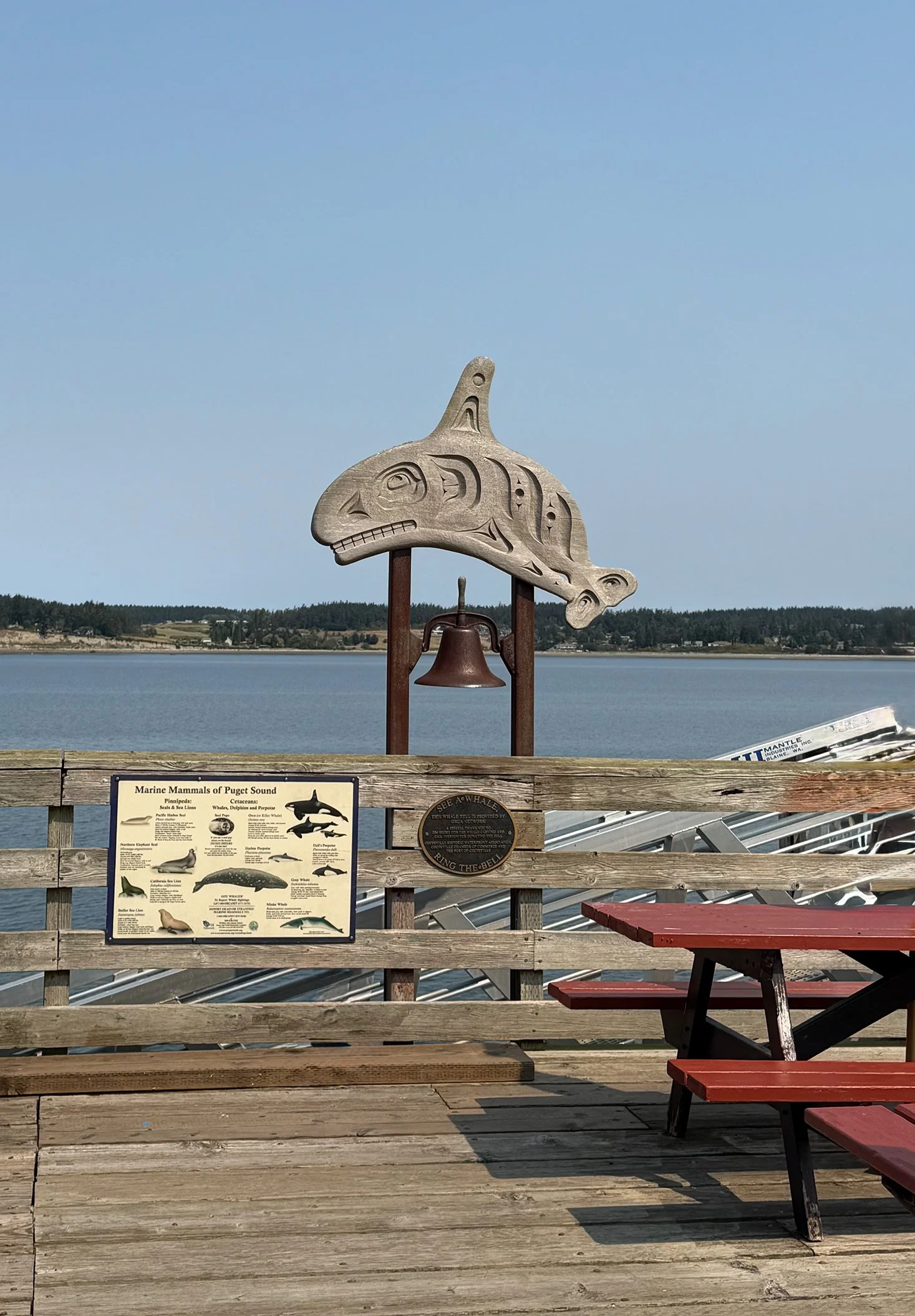 A weathered wooden pier with a red picnic table and a metal plaque, overlooking a calm body of water with distant land and trees under a clear blue sky. A decorative fish-shaped weather vane is mounted on the railing, and there are informational sign