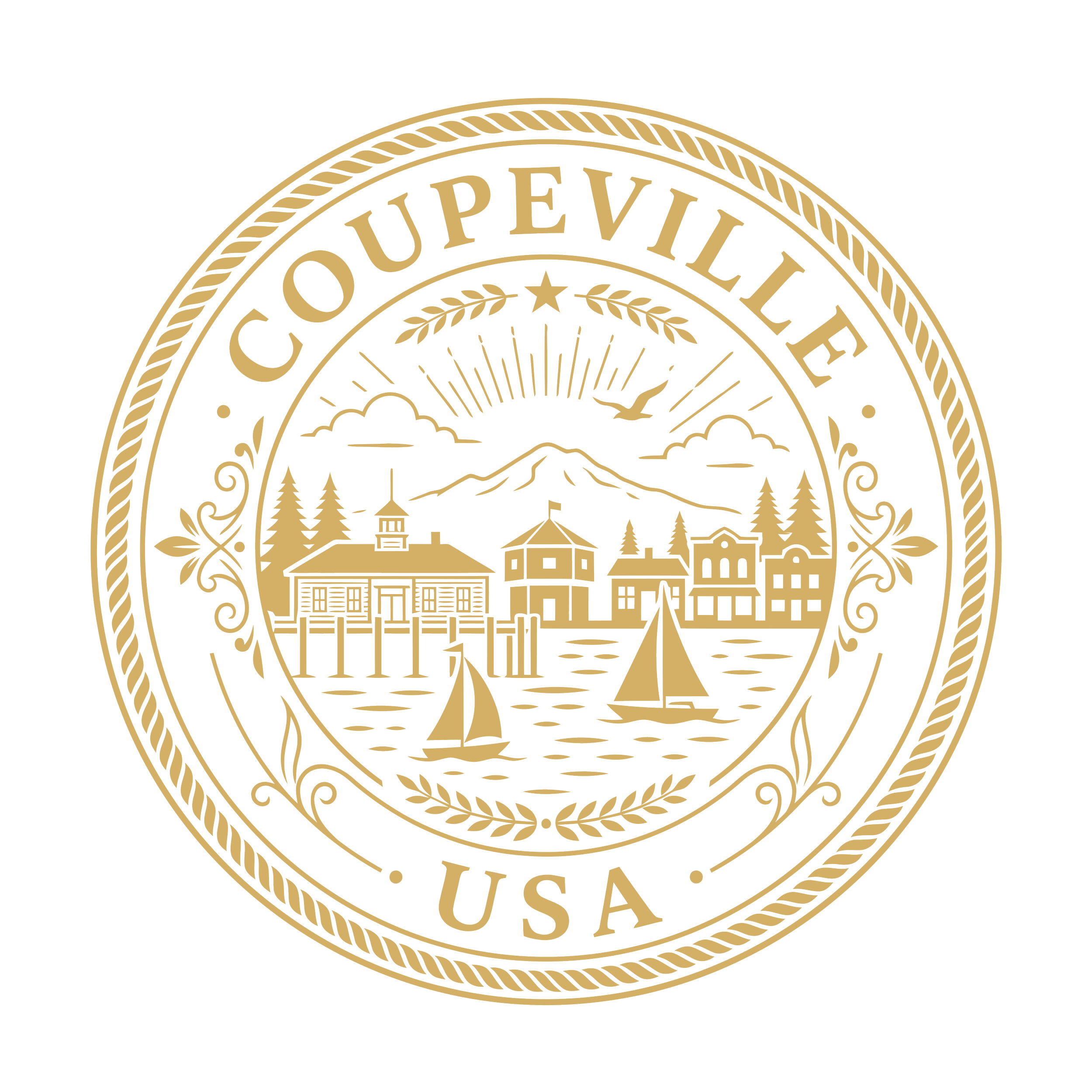 Circular emblem with the word 'Coupville' at the top and 'USA' at the bottom, featuring a central illustration of mountains, a lake, trees, buildings, and an eagle flying over.