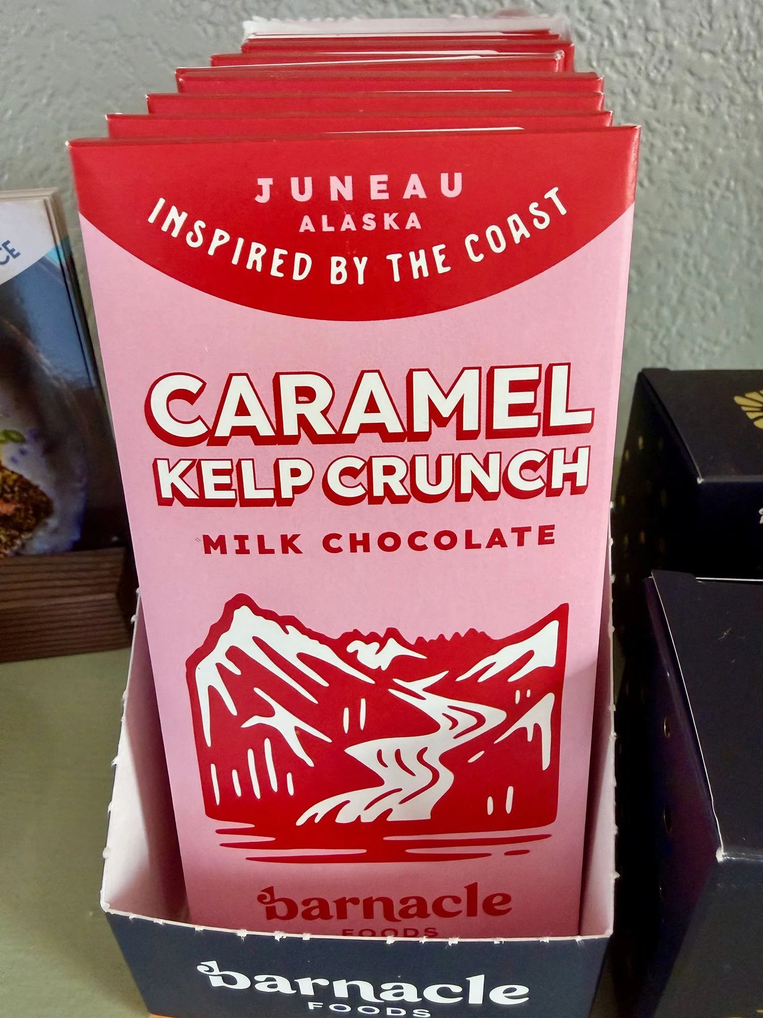 Brochure for Juneau Alaska inspired by the coast, featuring caramel kelp crunch milk chocolate, with an illustration of kelp or seaweed.