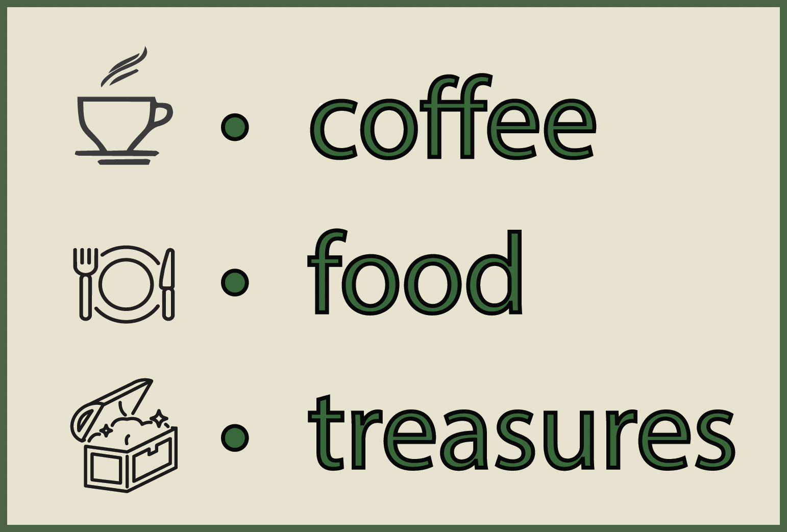 Illustration with three icons: a steaming coffee cup, a plate with utensils, and an open treasure chest, alongside the words 'coffee,' 'food,' and 'treasures'.