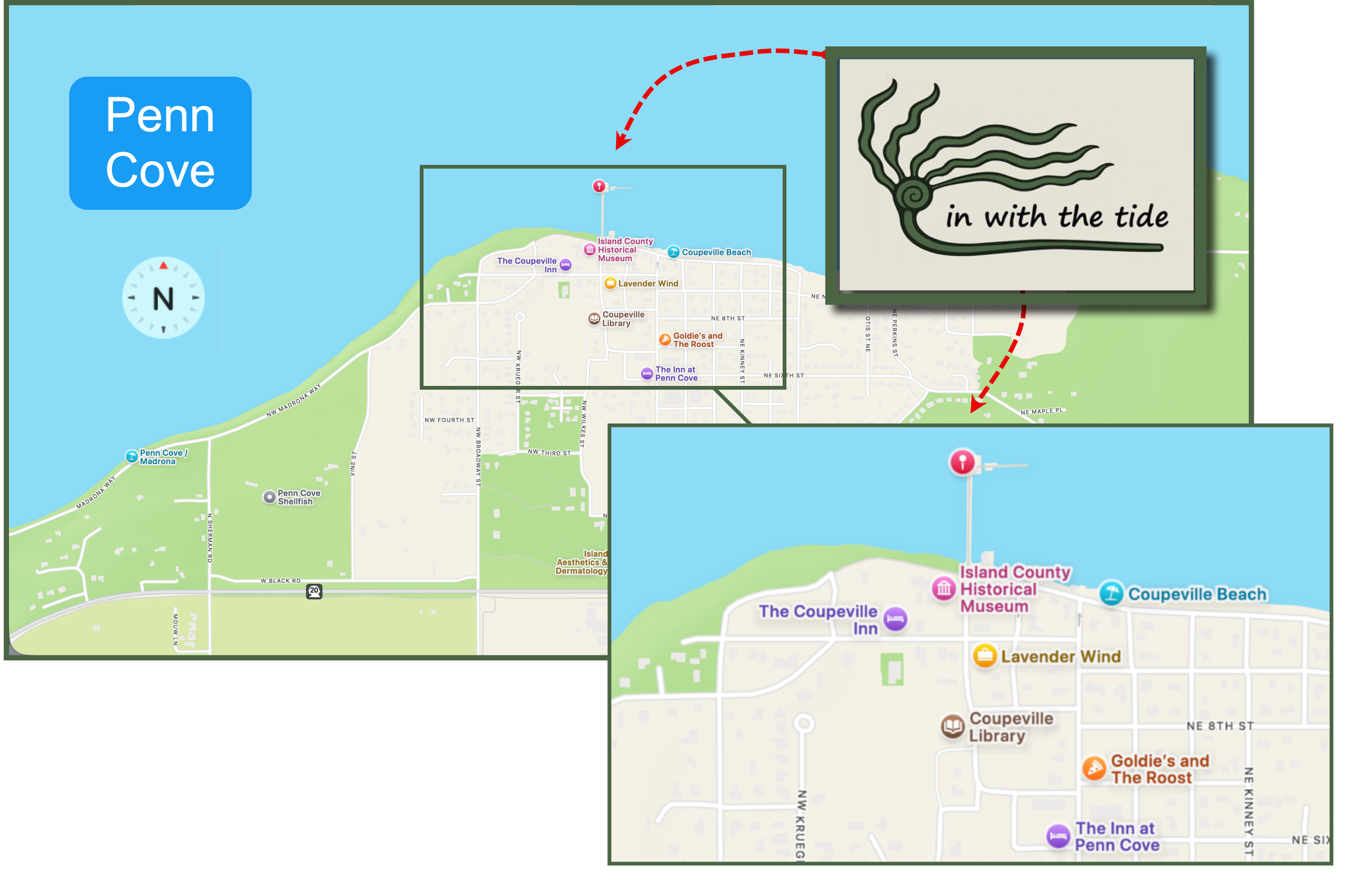 Map of Penn Cove area, showing location of Penn Cove/Madrona and Coupeville Beach.