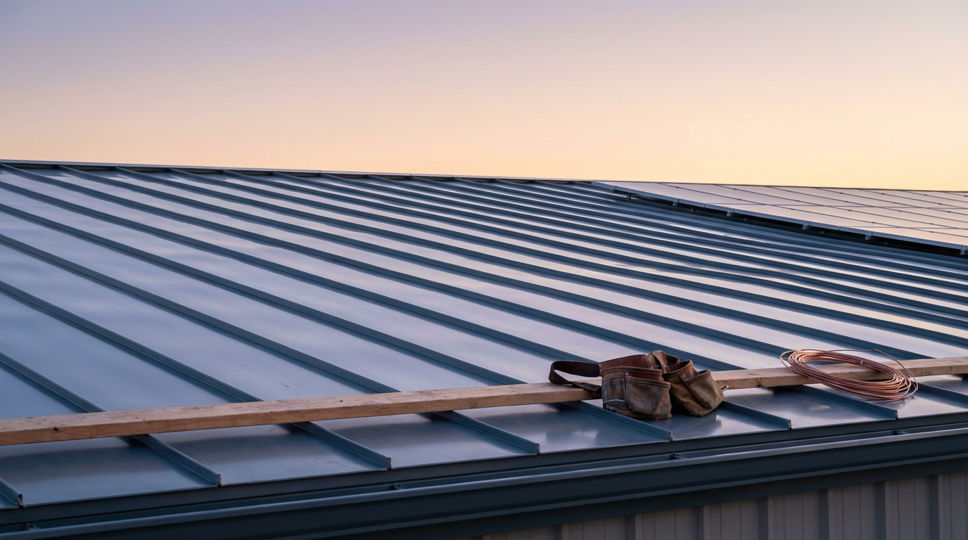Metal roof with a leather tool belt, a wooden plank, and a coil of wire placed on top, during sunset or sunrise.
