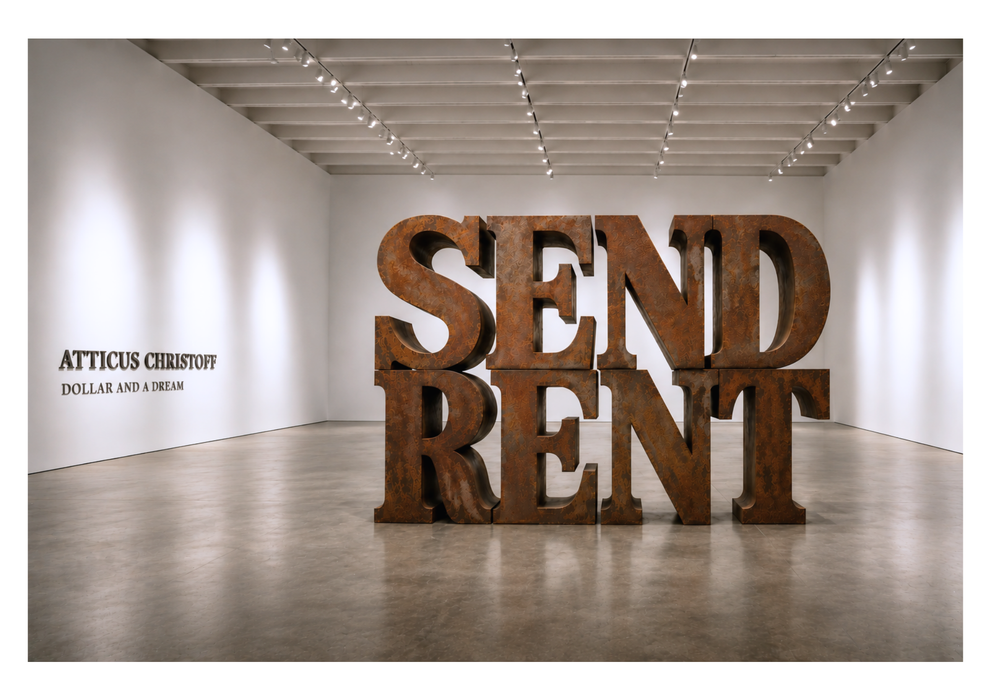 Large rust-colored metal sculpture spelling 'SEND' in an art gallery with white walls and ceiling lights.