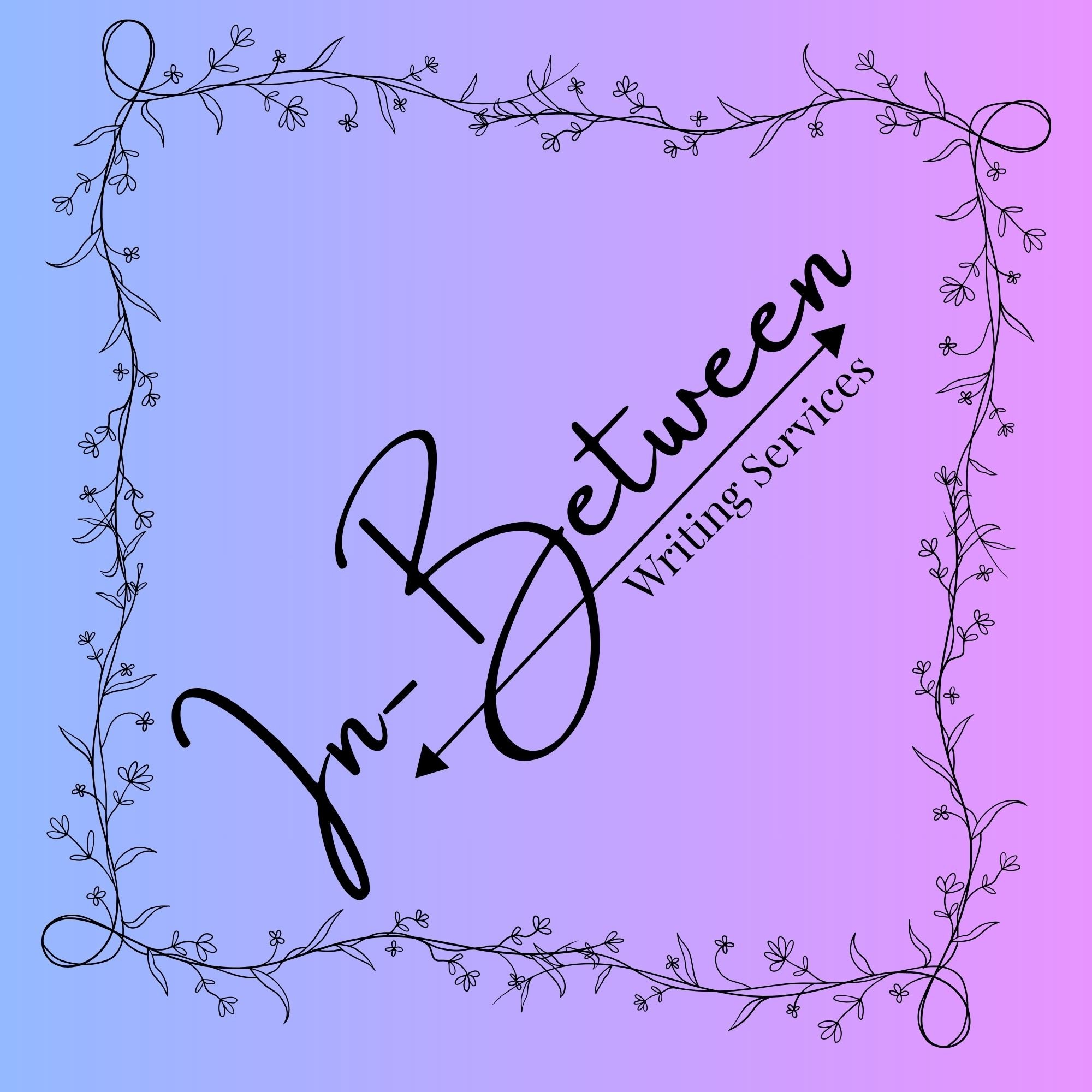 Decorative floral border with black outline flowers and vines on a gradient background transitioning from light blue to purple.
