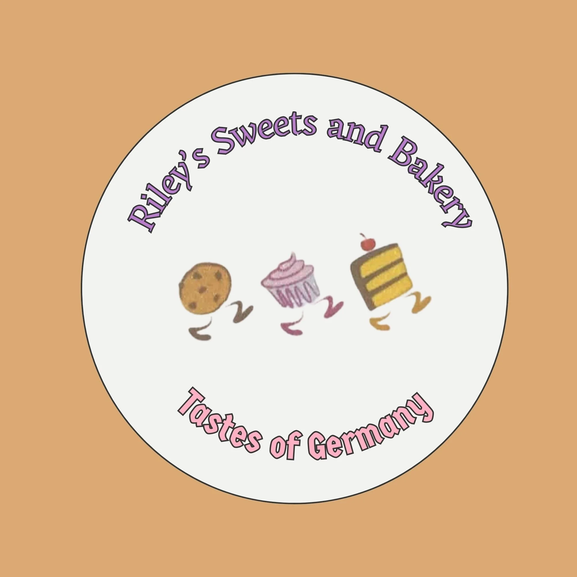 Label with pastel purple text reading "Riley's Sweets and Bakery" curved above cartoon dessert illustrations including cookies, cupcakes, and cake slices on a white background with a tan border.