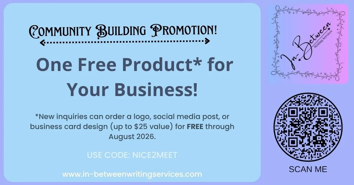 A promotional graphic for community building offering a free business product, like a logo, social media post, or business card design, with a QR code to scan and a promo code "NICE2MEET." The background is a mix of light blue and purple, with a decorative logo in the top right corner and a QR code in the bottom right corner.