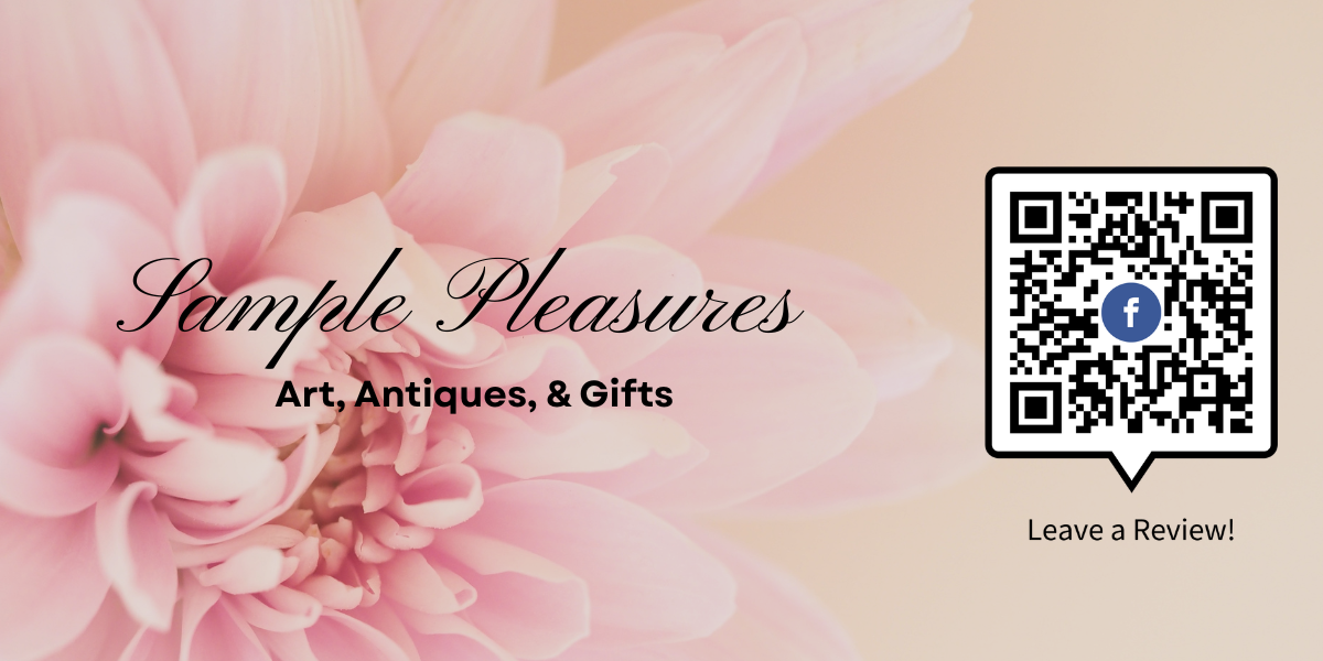 A pink flower background with overlaid text saying 'Sample Pleasures Art, Antiques, & Gifts' and a QR code with a Facebook logo in the center, and the words 'Leave a Review!'