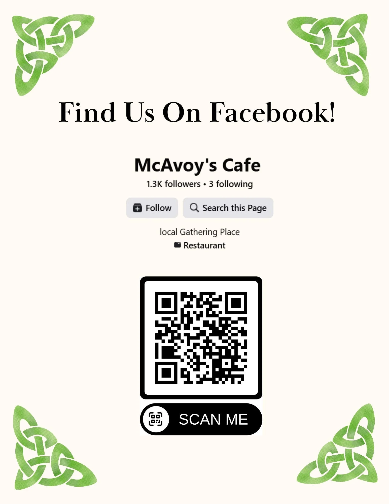 A digital invitation for McAvoy's Cafe encouraging people to find them on Facebook. It features a QR code for scanning, green Celtic knot designs in the corners, and text about their social media presence and location as a local gathering place and restaurant.