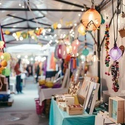 An outdoor marketplace with hanging lanterns and jewelry displays.
