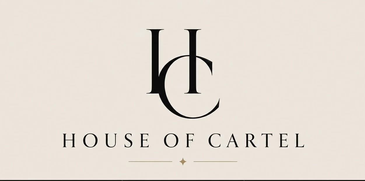Logo for House of Cartel with stylized initials and text on a beige background.