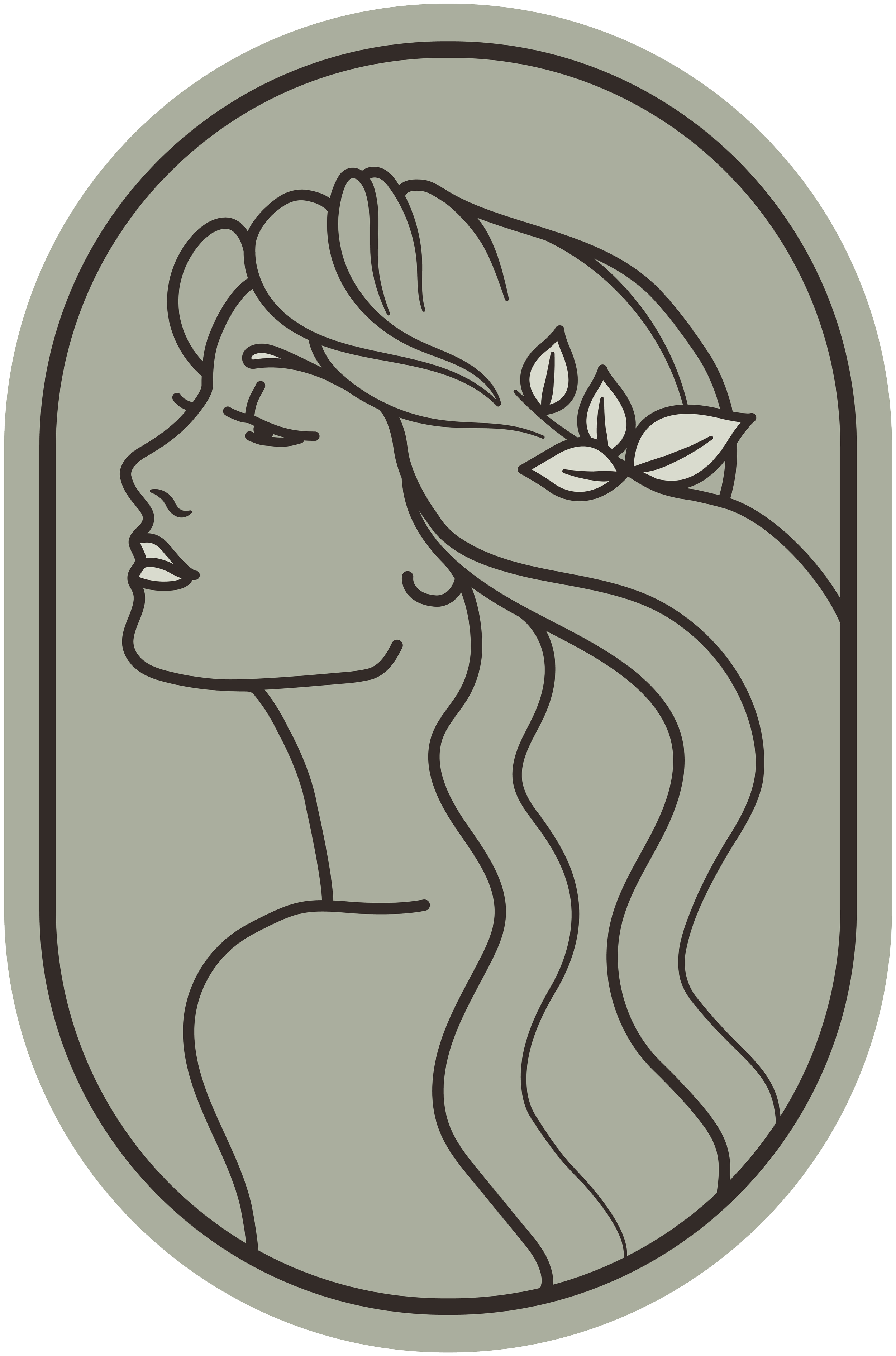 Line drawing of a woman's face in profile with closed eyes, adorned with leaves and flowing hair, enclosed in an oval frame.