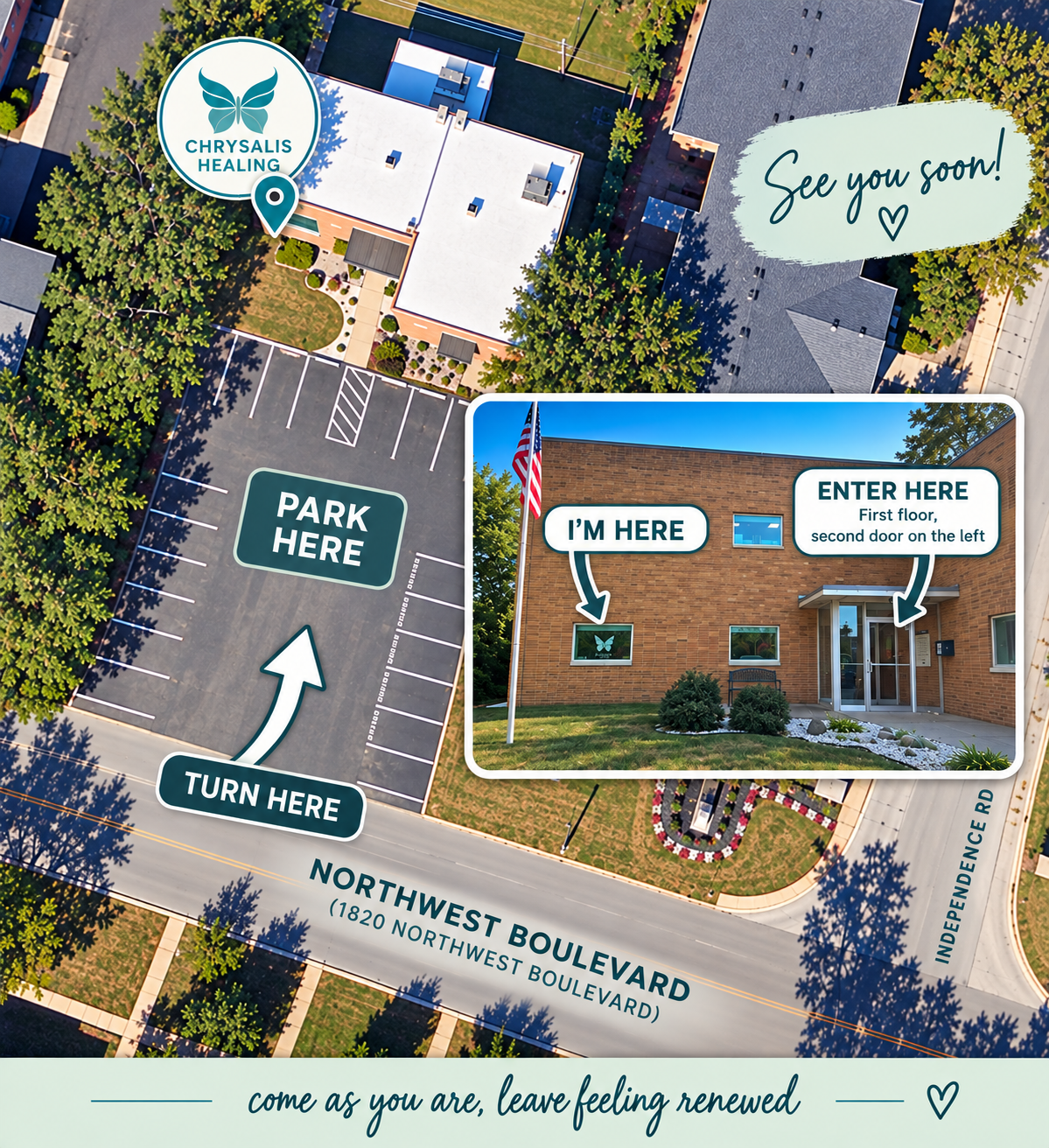 An aerial view of a parking lot with directional signs indicating where to turn and park, and a building with signage and instructions for entry, with trees and surrounding streets visible.
