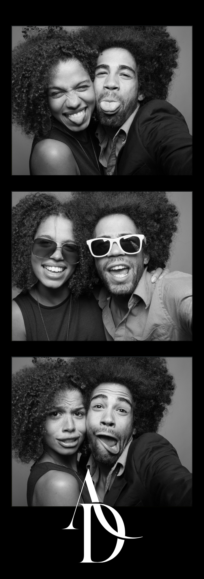 Three black-and-white photo booth images of a young woman and a young man making funny faces and wearing sunglasses, with a stylized logo at the bottom.