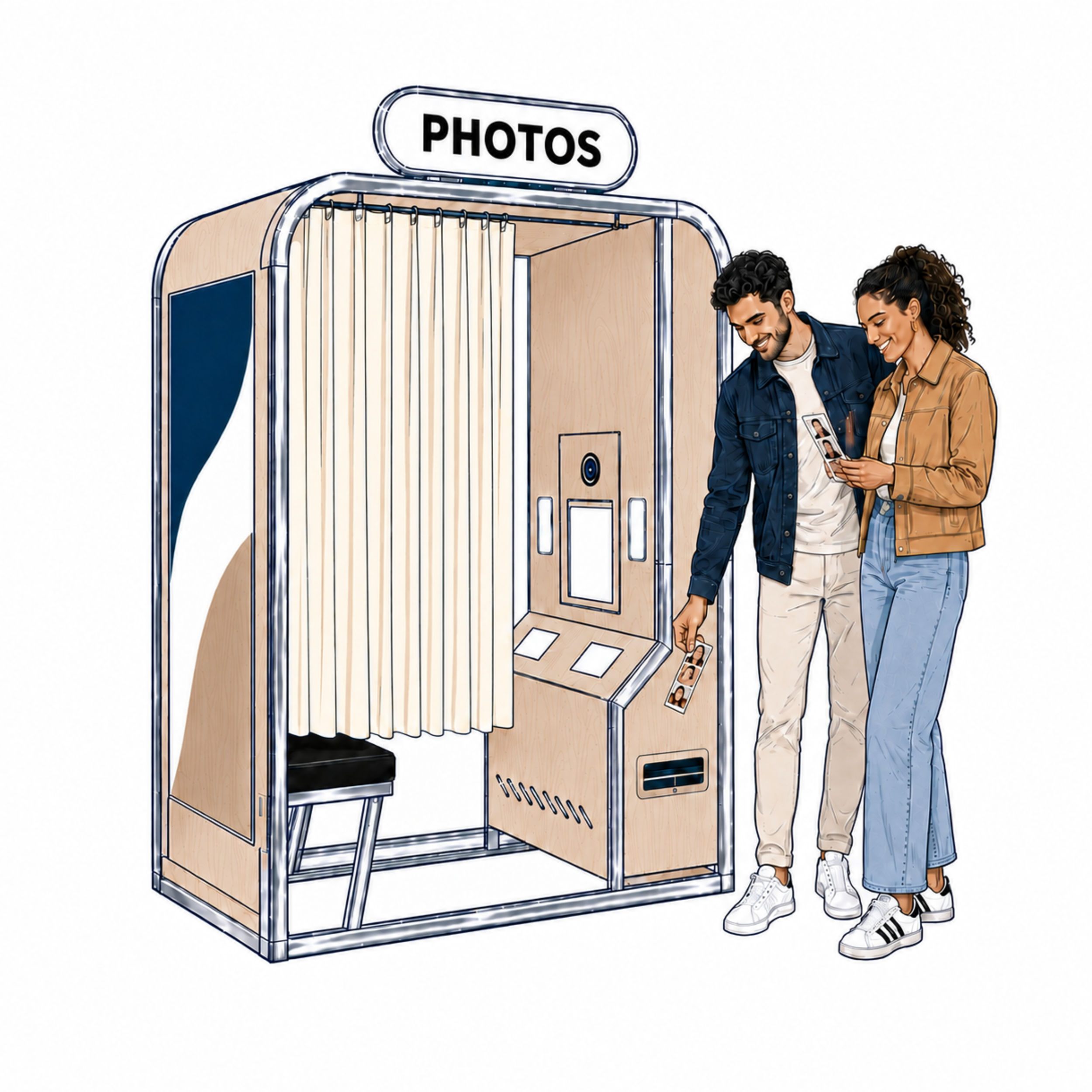 Digital illustration of a photo booth with a wooden finish, labeled 'PHOTOS' on top, two people standing close, selecting photos, with white sneakers and a casual style.